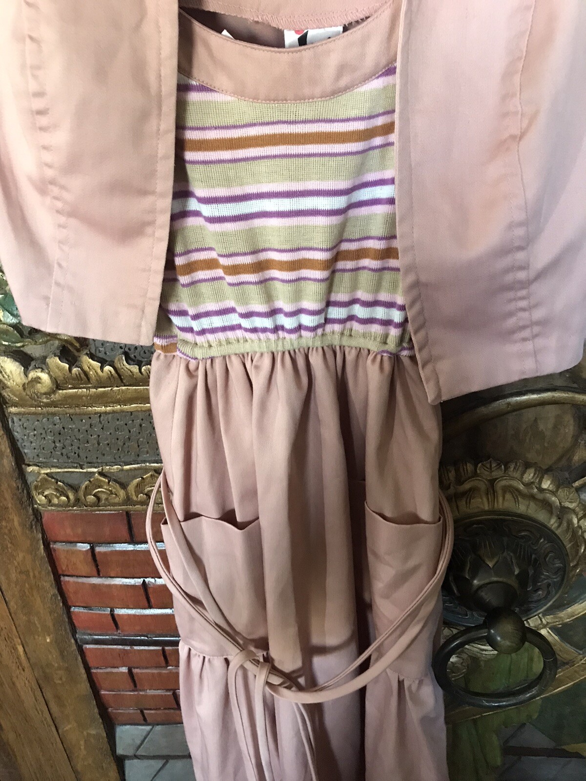 VTG 70s Jody T of Cali two piece mauve pink crop vest and striped belted dress