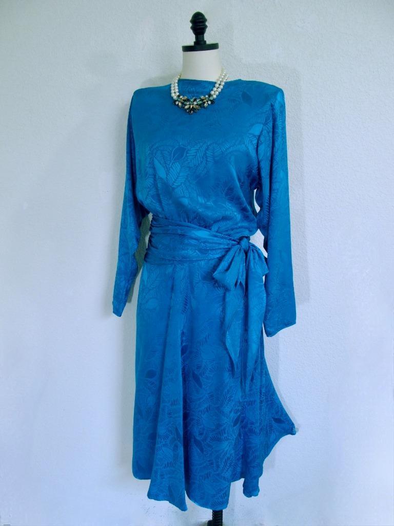 Vintage 80s Jerry Regenbogen Silk Dress 6 Sapphire Blue Sash Wrap Retro Glam