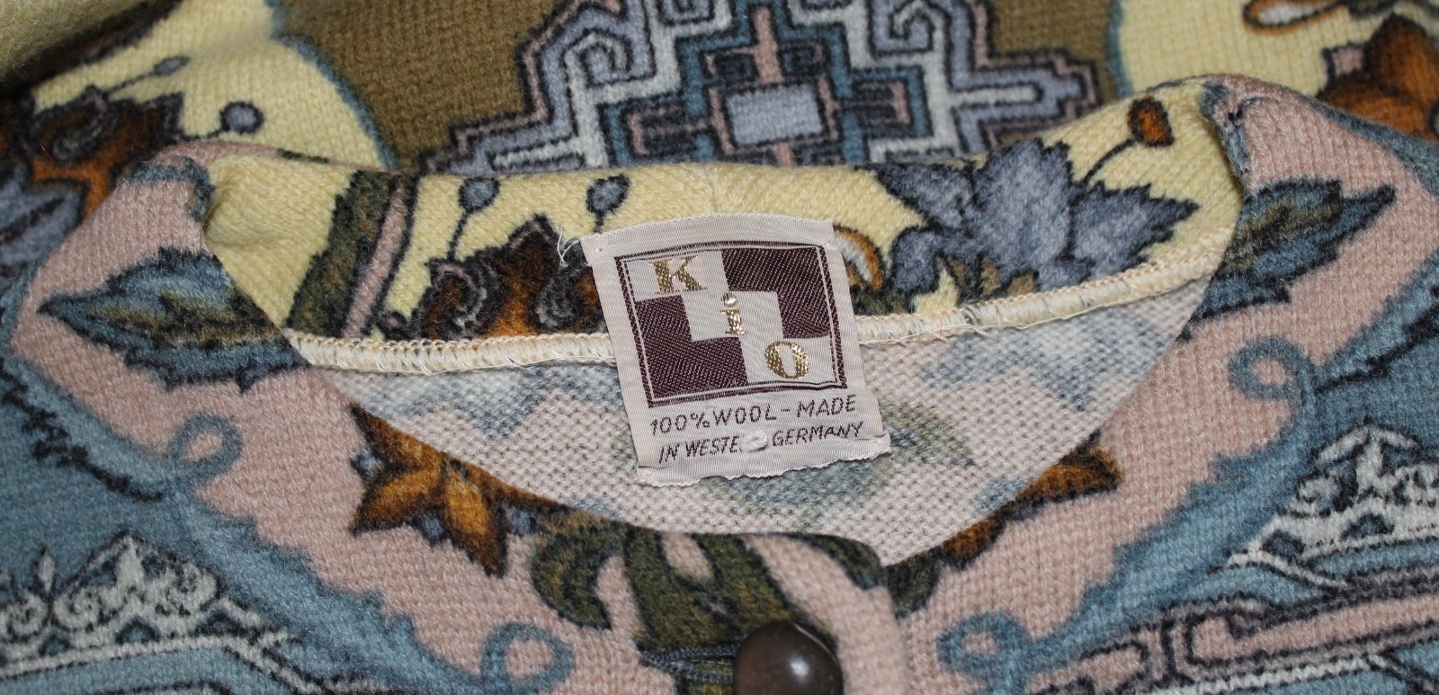 Vintage 1970s KIO 100% Wool Glam Art Boho Printed Cardigan Sweater Sz M L 10 12