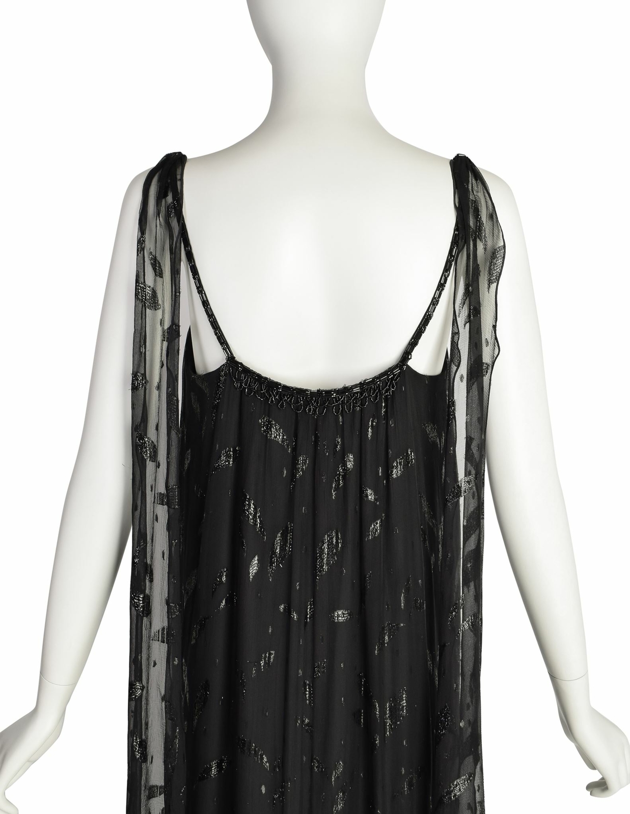Holly’s Harp Vintage 1980s Black Silk Chiffon Metallic Leaf Jacquard Beaded Frin
