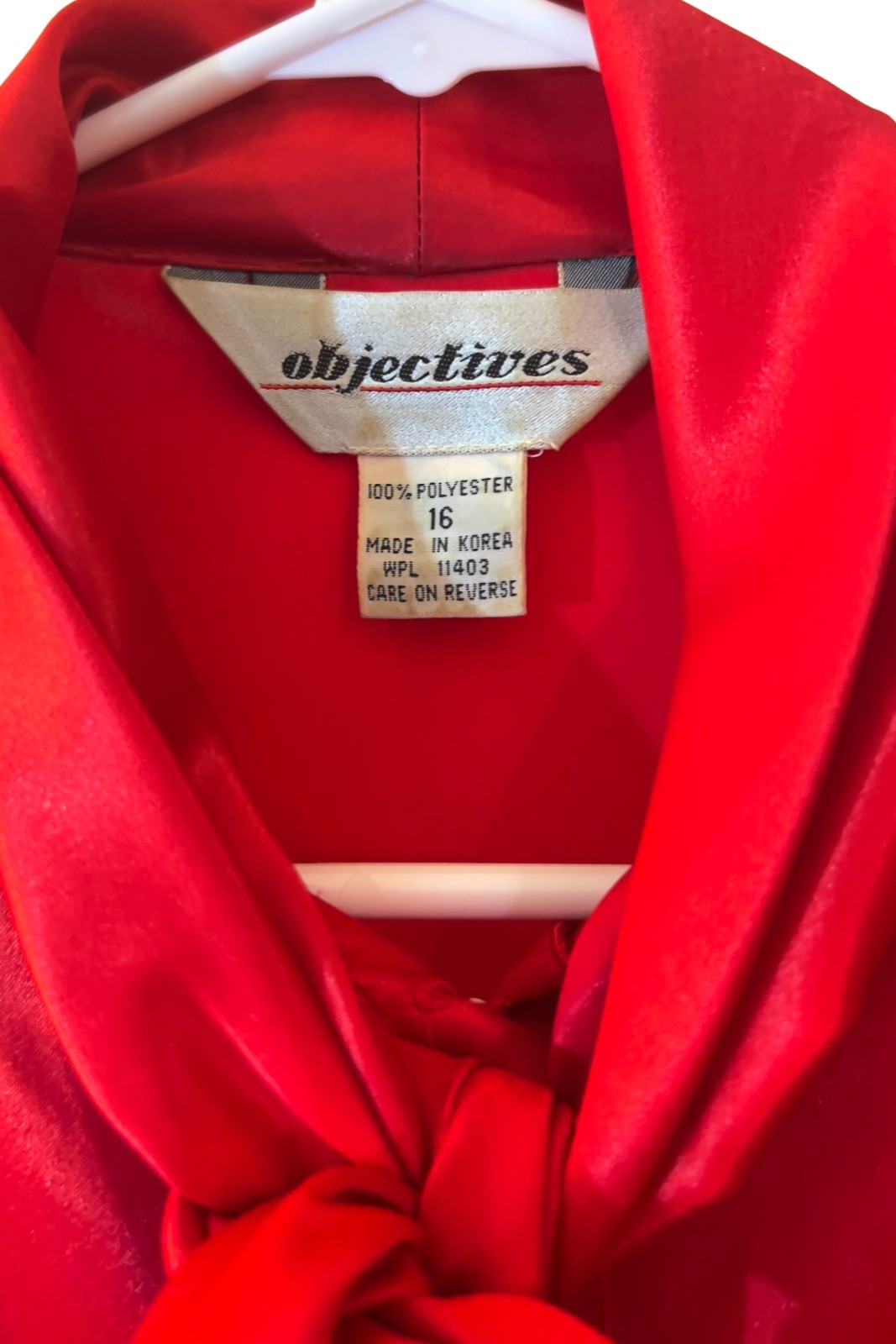 Vintage 80s Objectives Red Satin Pussy Bow Blouse Secretary Long Sleeve, Size 16