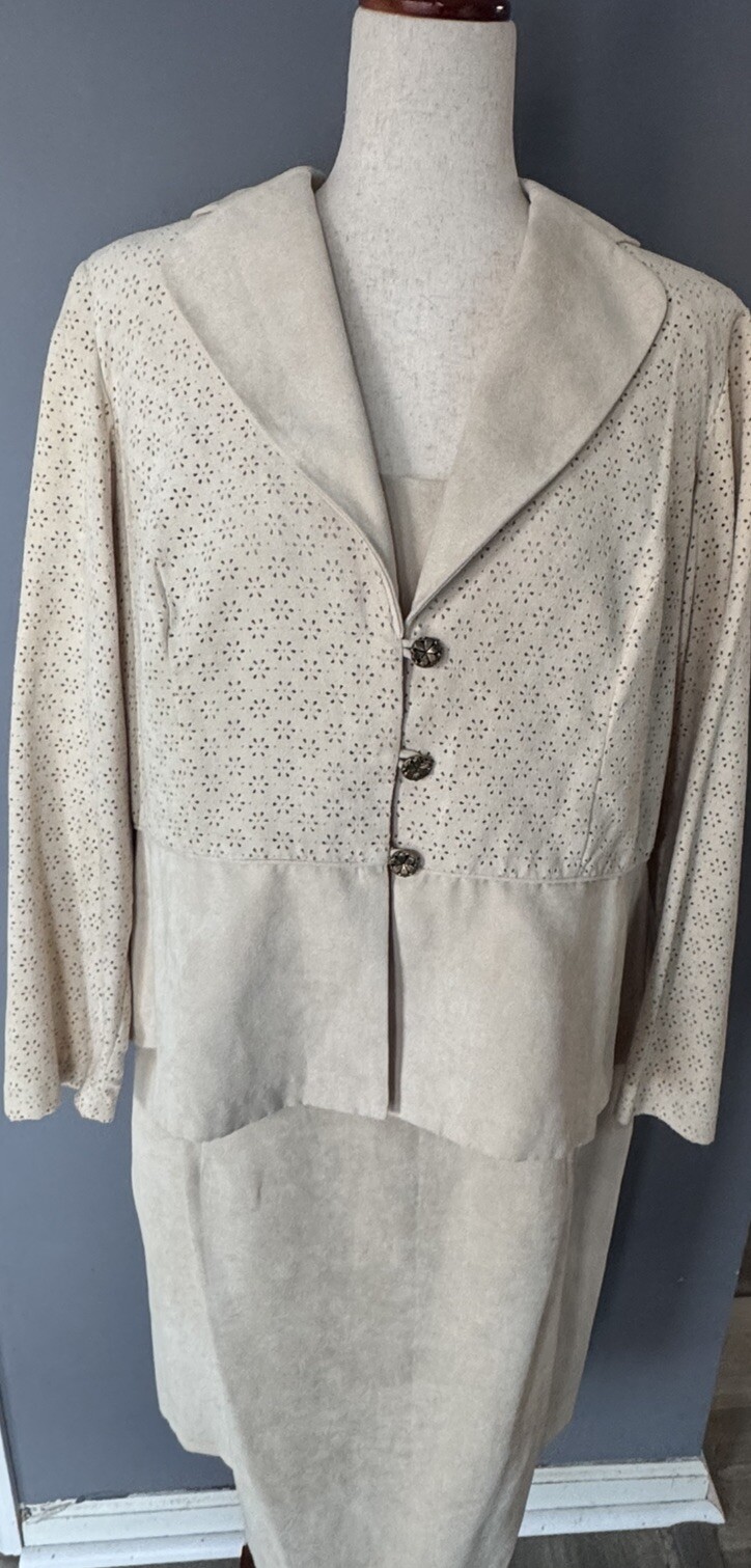 Vintage Just In Thyme LTD Beige Sleeveless Sheath Dress Jacket Faux Suede Sz 18W