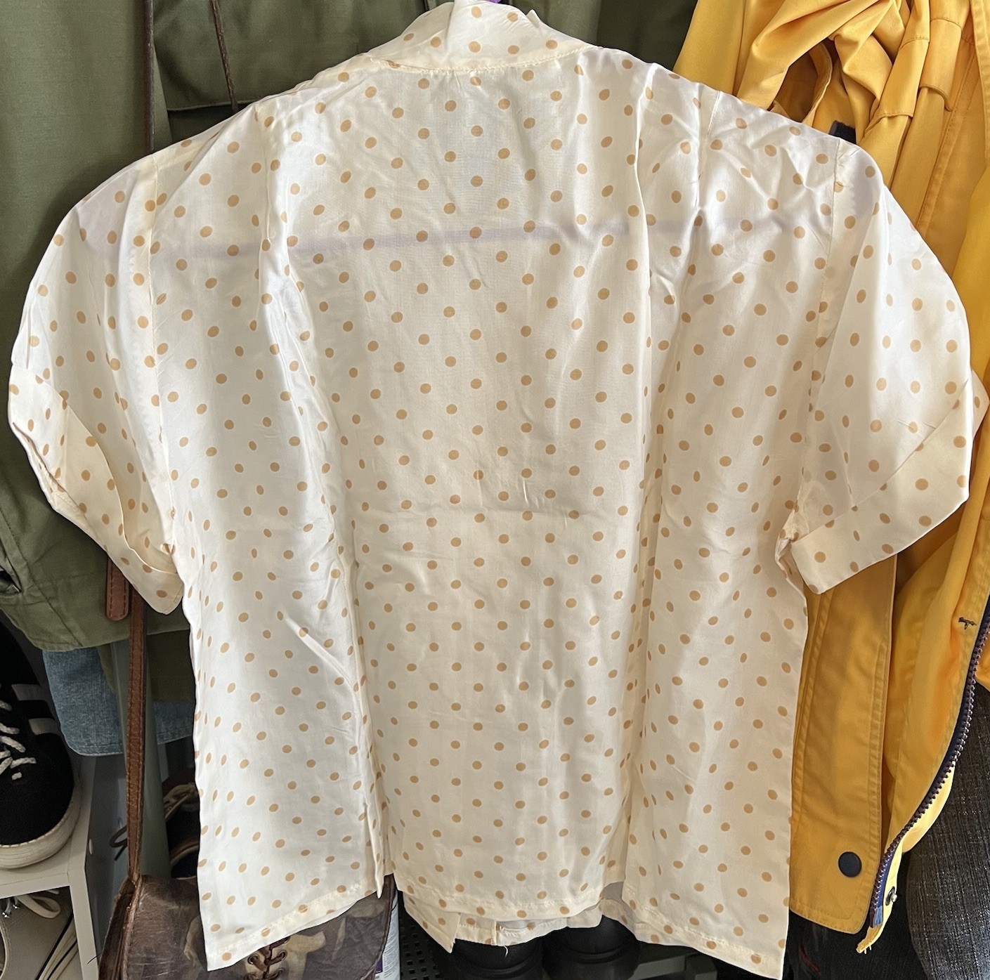 Vintage 50s Adelaar 100% Silk Blouse Polka Dot Cream Pussy Bow Short Sleeve