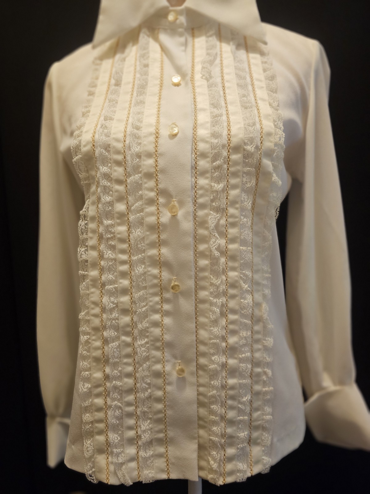 60s Vintage Lady Arrow, Lace & silk Ruffle and gold Detail, Long Cuffs Sz 10,