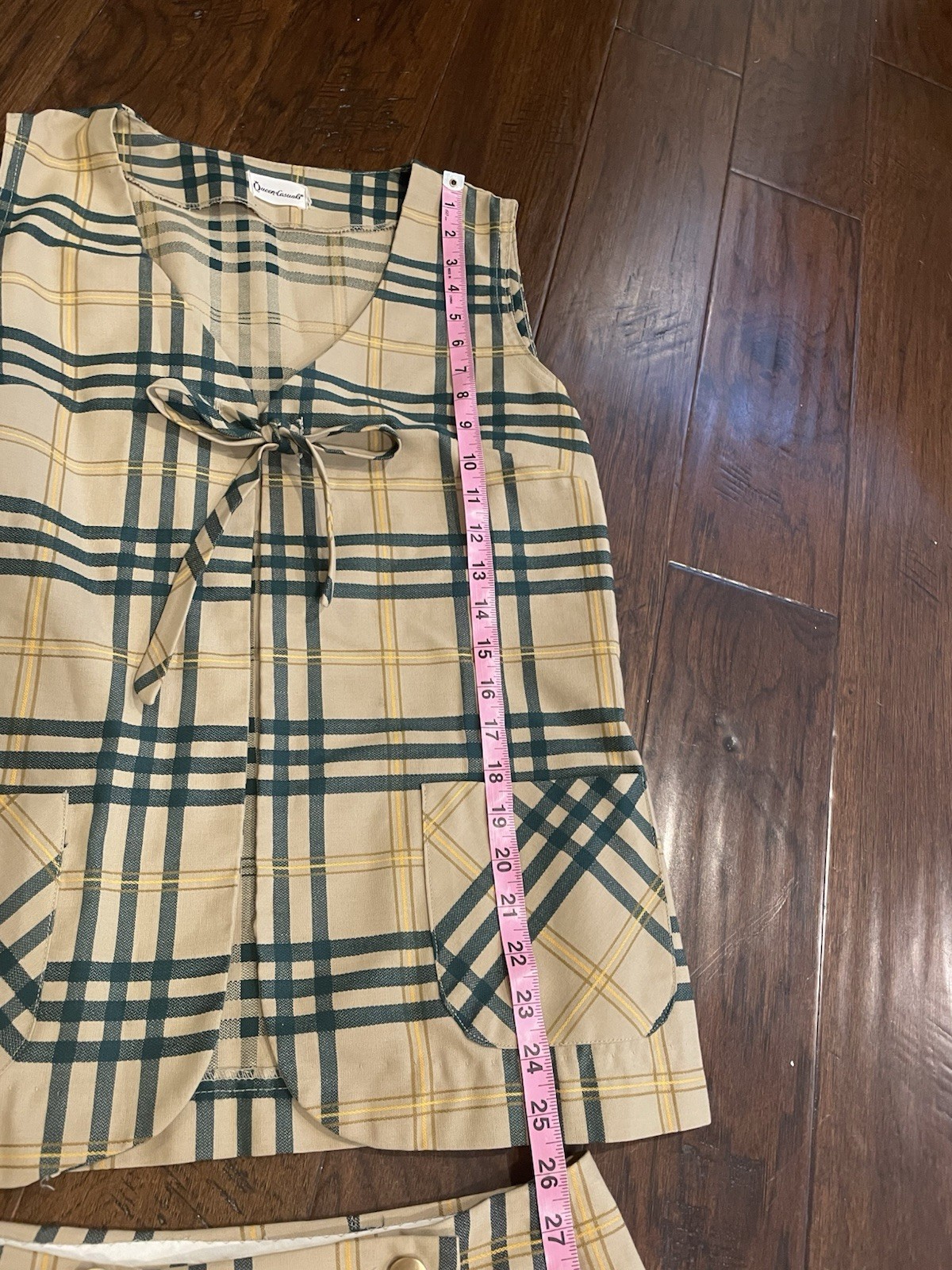 Vintage Queen Casuals Tan And Green Plaid Skirt And Vest Small-Medium