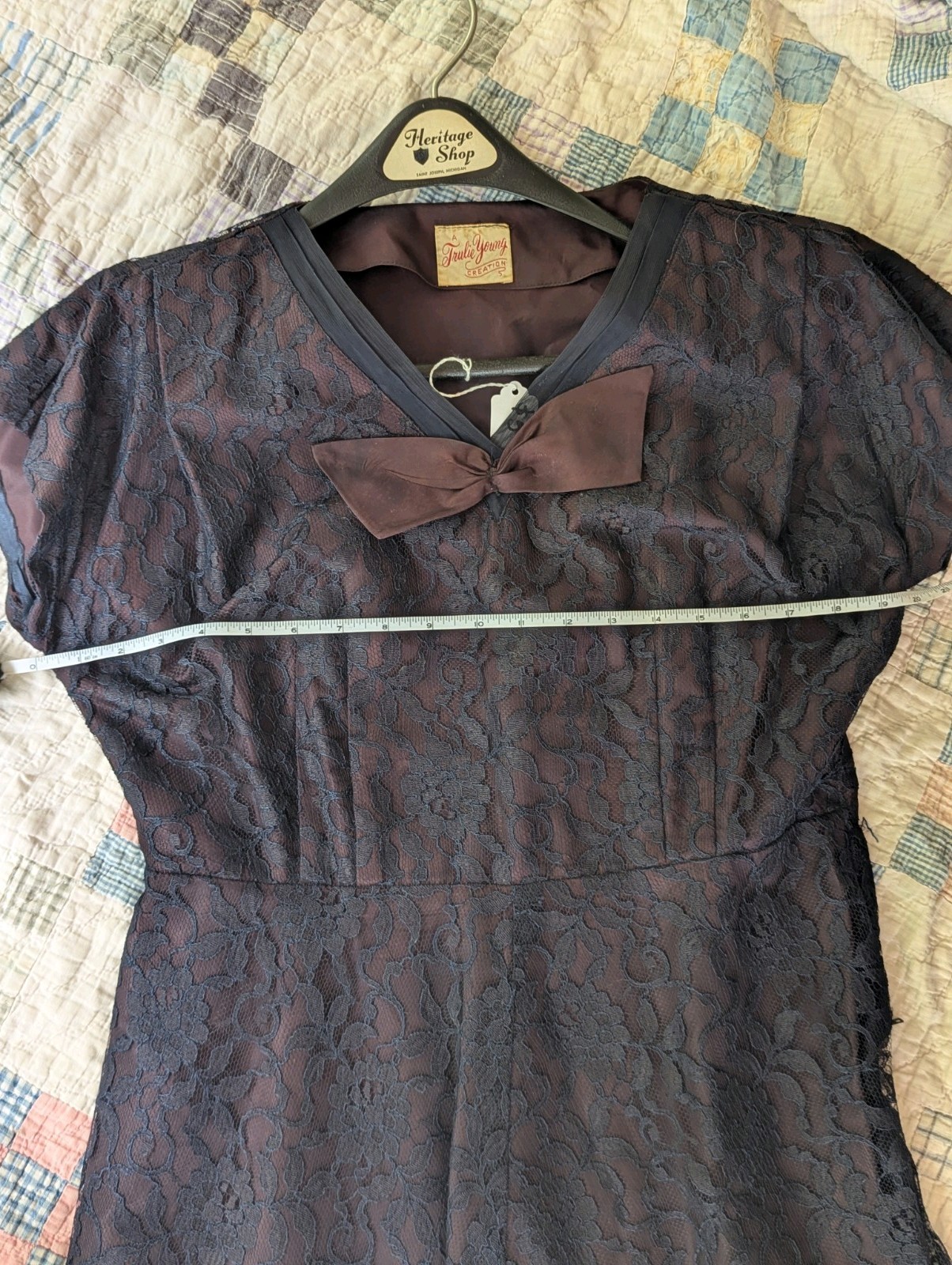 Trulie Young Vintage 50’s Blue Floral Lace V-Neck Bow A-Line Dress