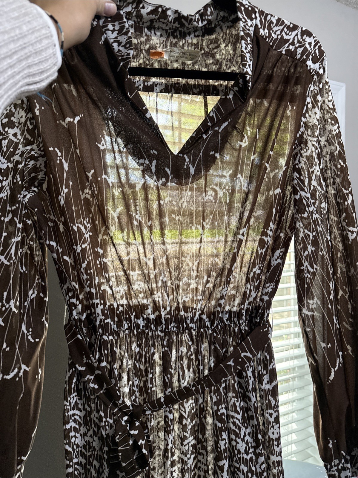 Vtg 70’s Dress Sz 18 Brown Floral Print Midi Long Sleeve Sheer Belt Boho Fall