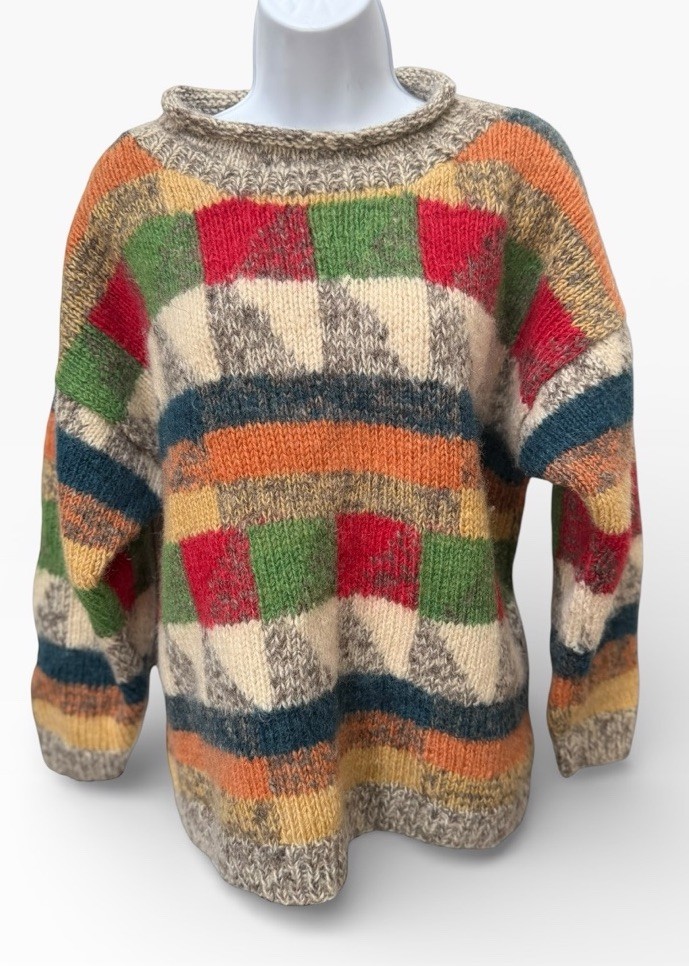Vtg Patchwork Wool Knit Sweater L/XL Chunky Fuzzy Oversized Multicolor Bright