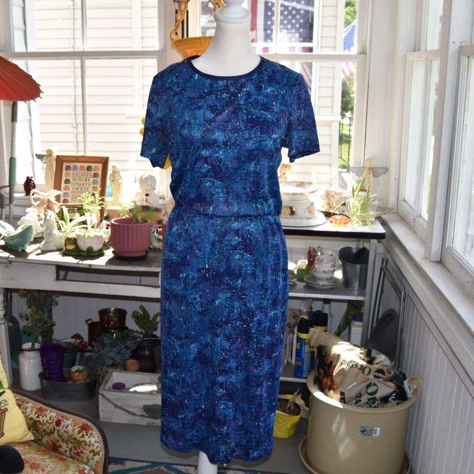 Vintage 60s Carol Brent Blue Abstract Wiggle Sheath Dress Union Made M