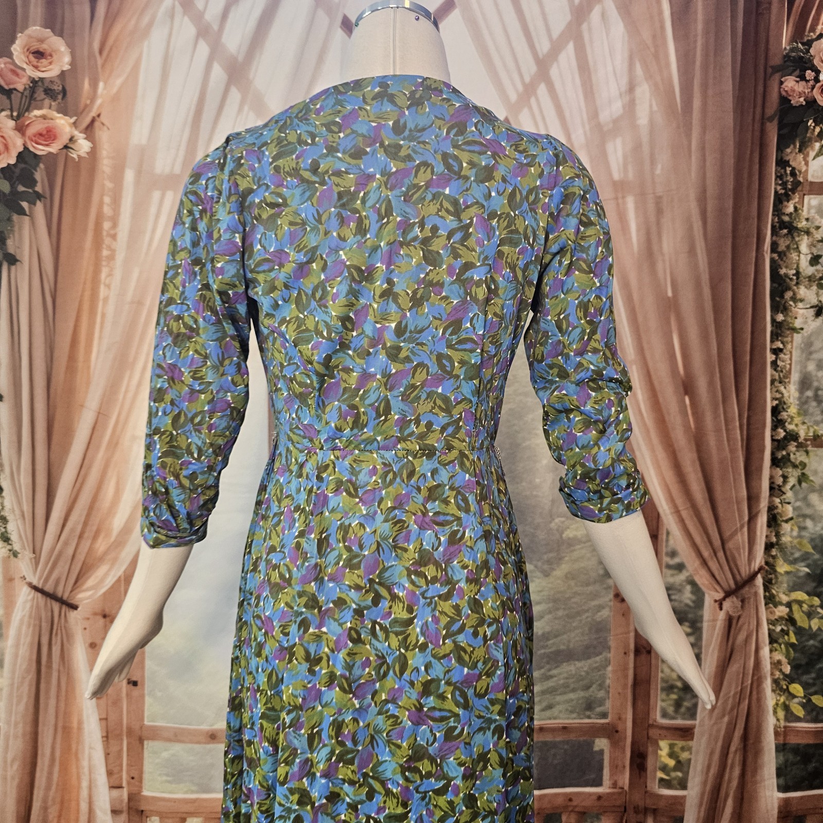 Vintage 1960’s Dress Blue Green Purple Floral Rounded Collar Necktie Retro