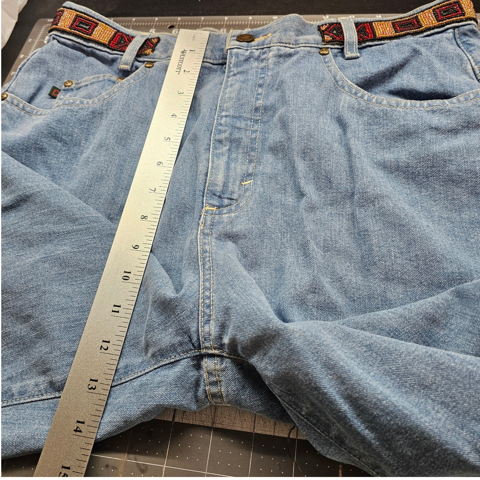 Democracy Vintage Beaded Jeans Women Size 14 Blue Y2K Cottage Boho Western Indie
