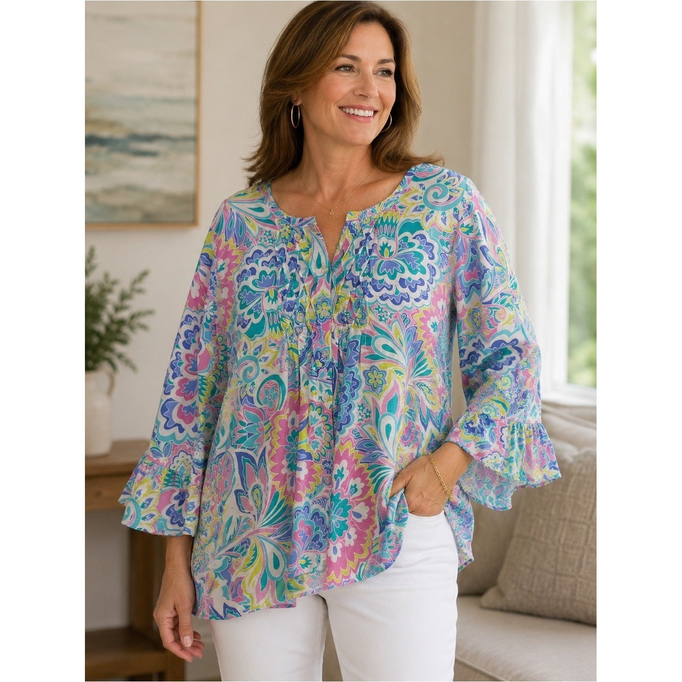 Ruby Rd Pink Blue Paisley Floral Bell Sleeve Boho Peasant Top 1X Flowy Whimsical