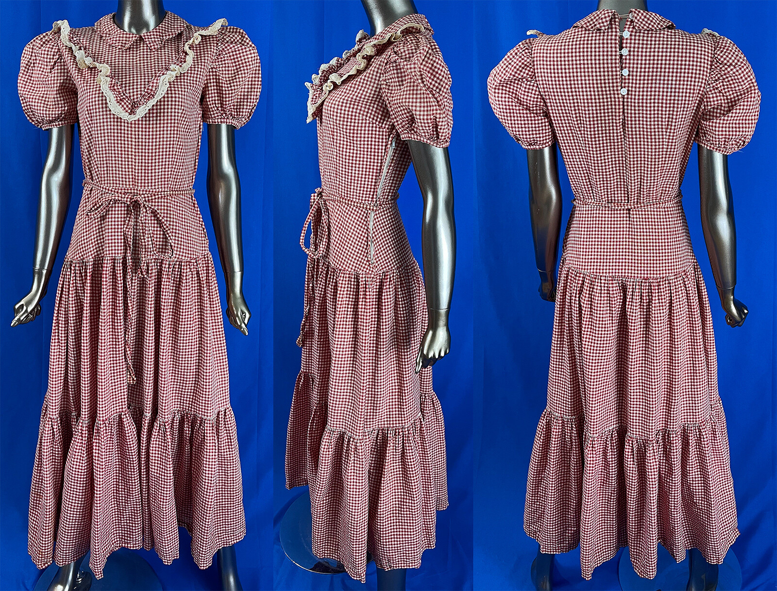 Vintage Wanda Red White Gingham Plaid Check Eyelet Ruffle Trim Belted Maxi Dress