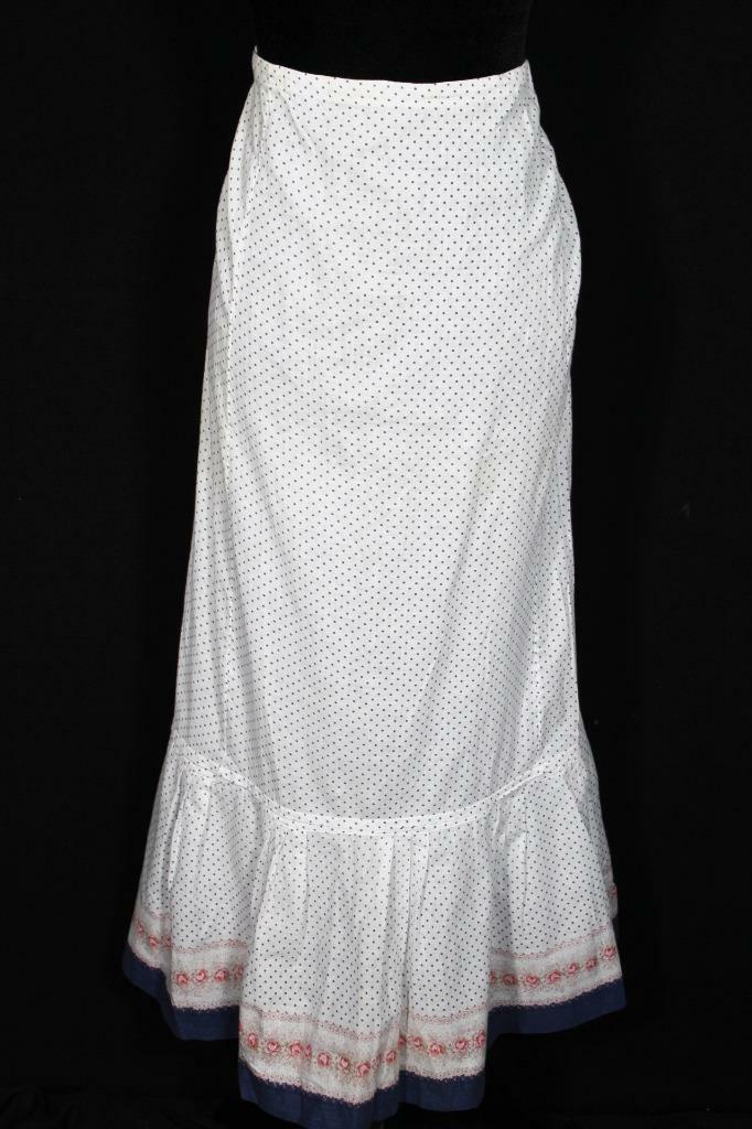 ANTIQUE FRENCH LONG EDWARDIAN WHITE COTTON PRINT PETTICOAT SKIRT 34″ WAIST 39″L