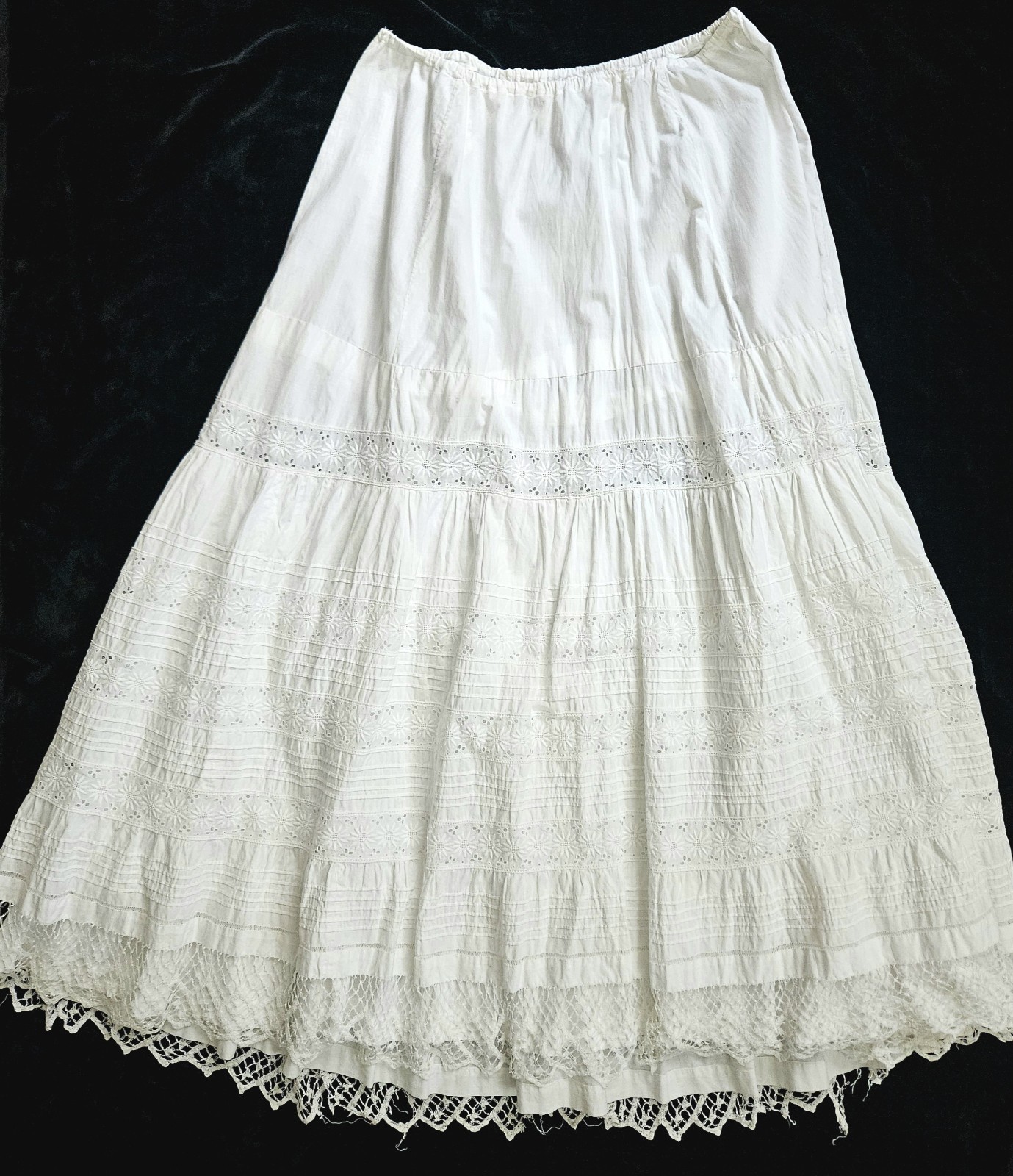 Antique Edwardian Victorian 1900s White Cotton Eyelet Lace Petticoat Altered