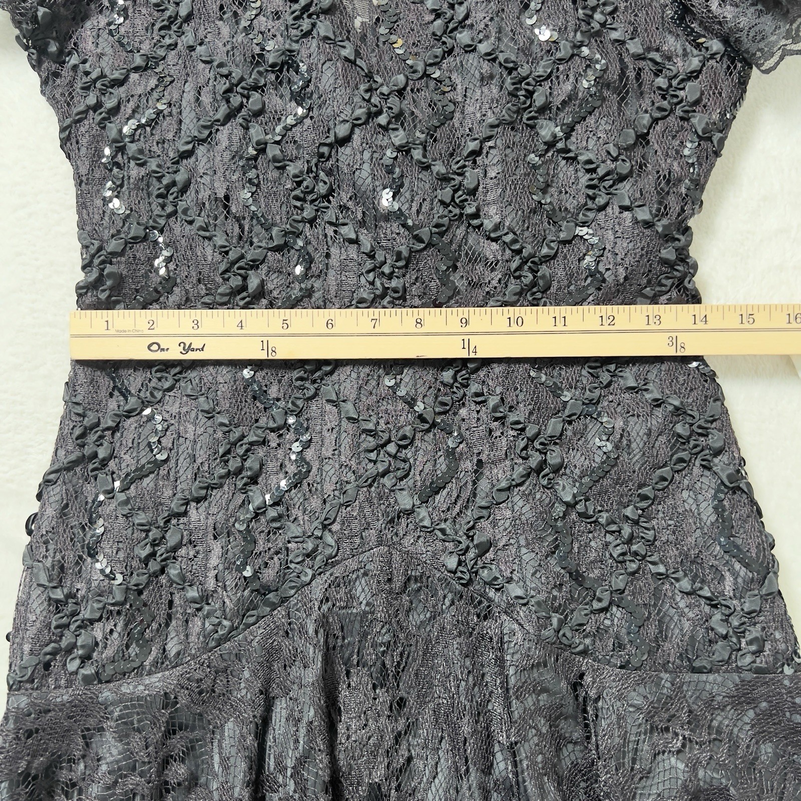 Vtg HW Collections Sequined Lace Overlay Midi Dress Sz S/XS Black Scoop Back