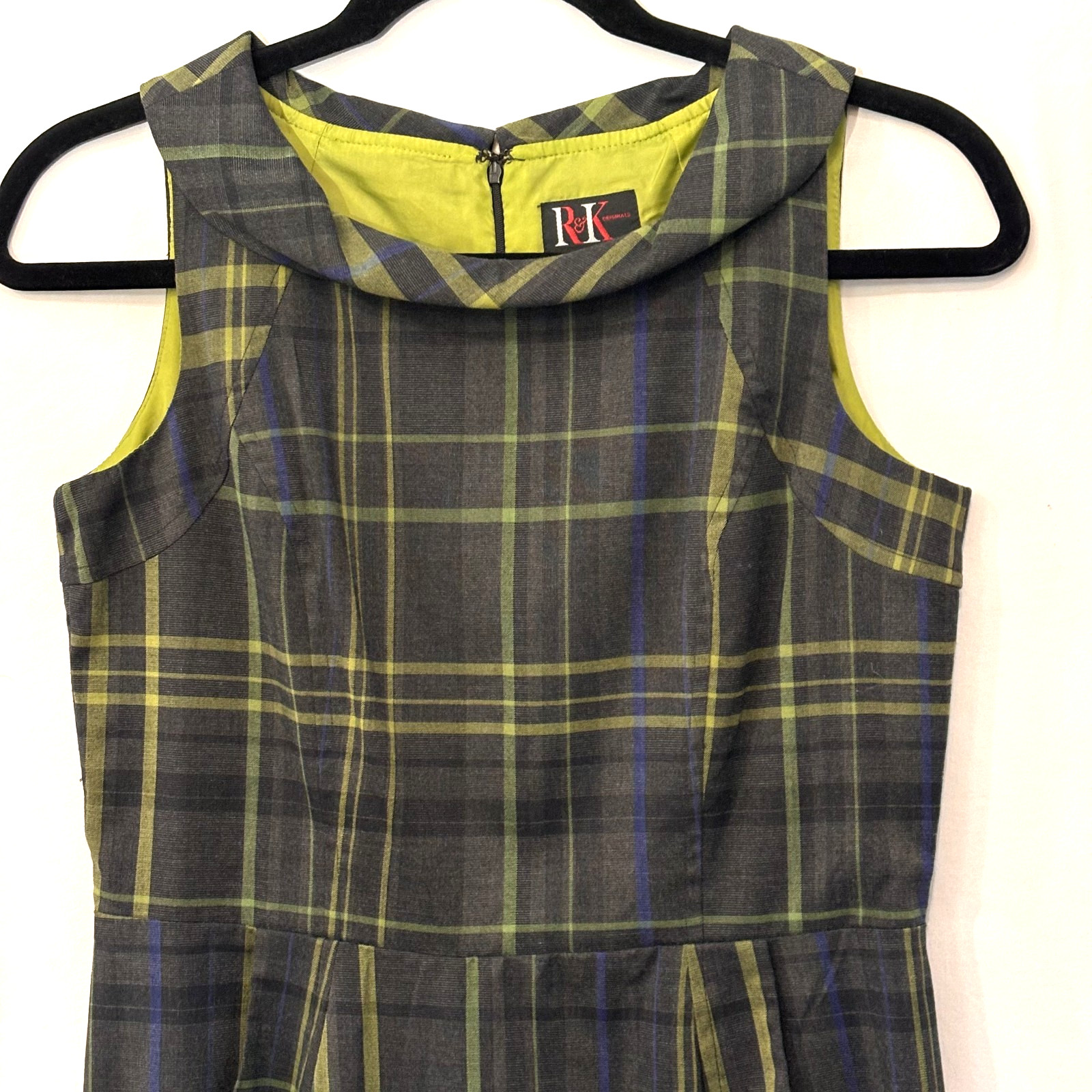 Vintage 70’s Plaid Dress Sz 14 Rockabilly Chartreuse/Blue Plaid Modest Classic