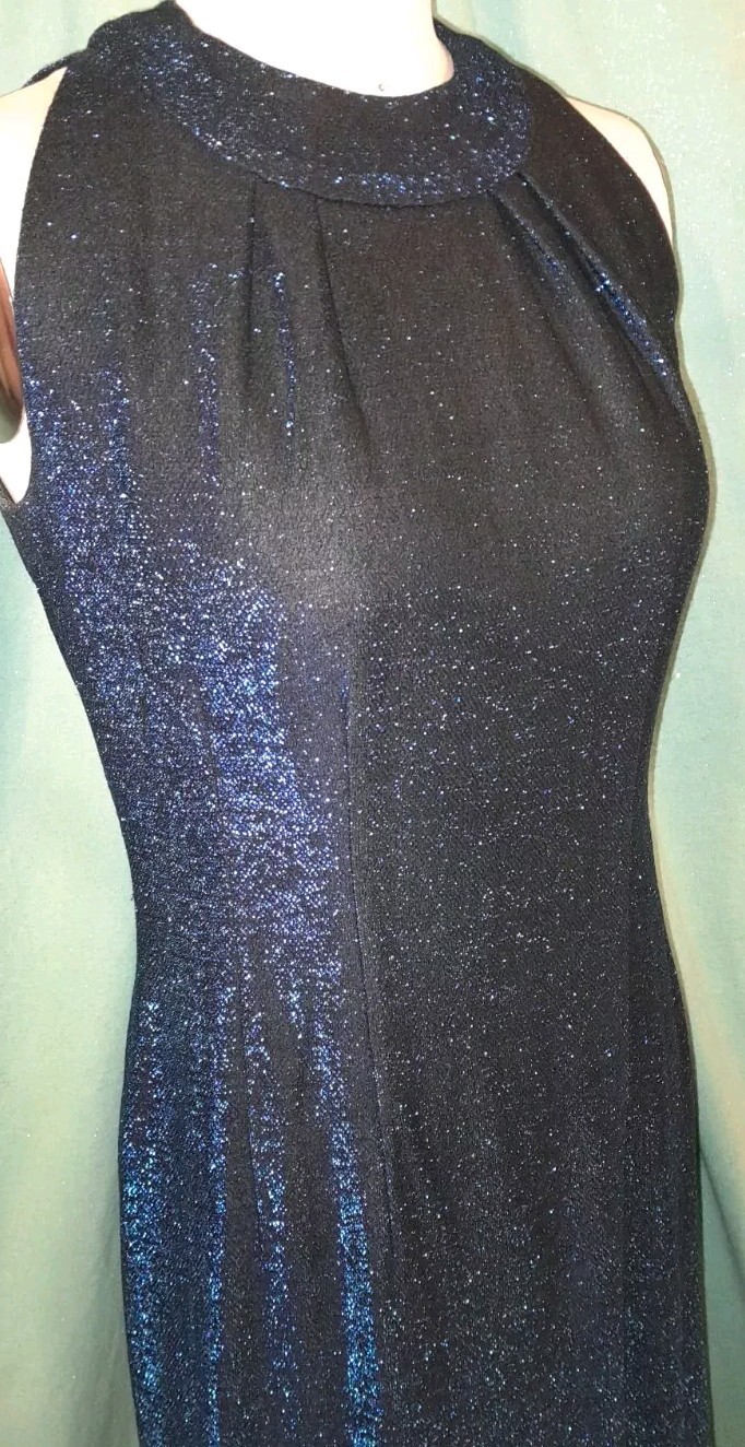 Vtg 60s Sapphire Blue LUREX long Evening Cocktail Party Sheath Dress