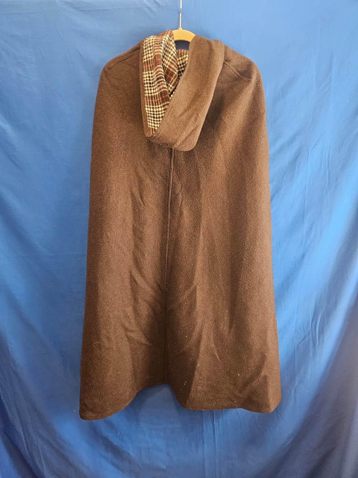 Vintage Brown Wool Hooded Cape with Houndstooth Plaid Lining