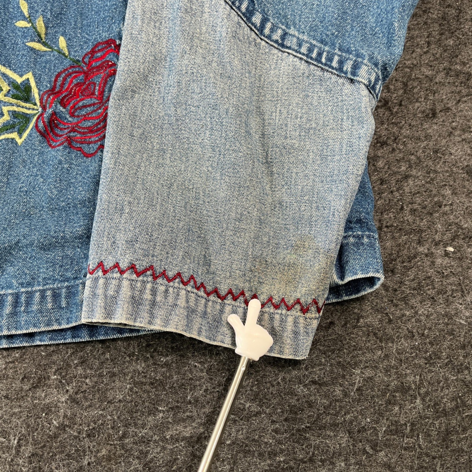 Vintage Sara Studio Trucker Jacket Womens XL Blue Gray Denim Embroidered Floral