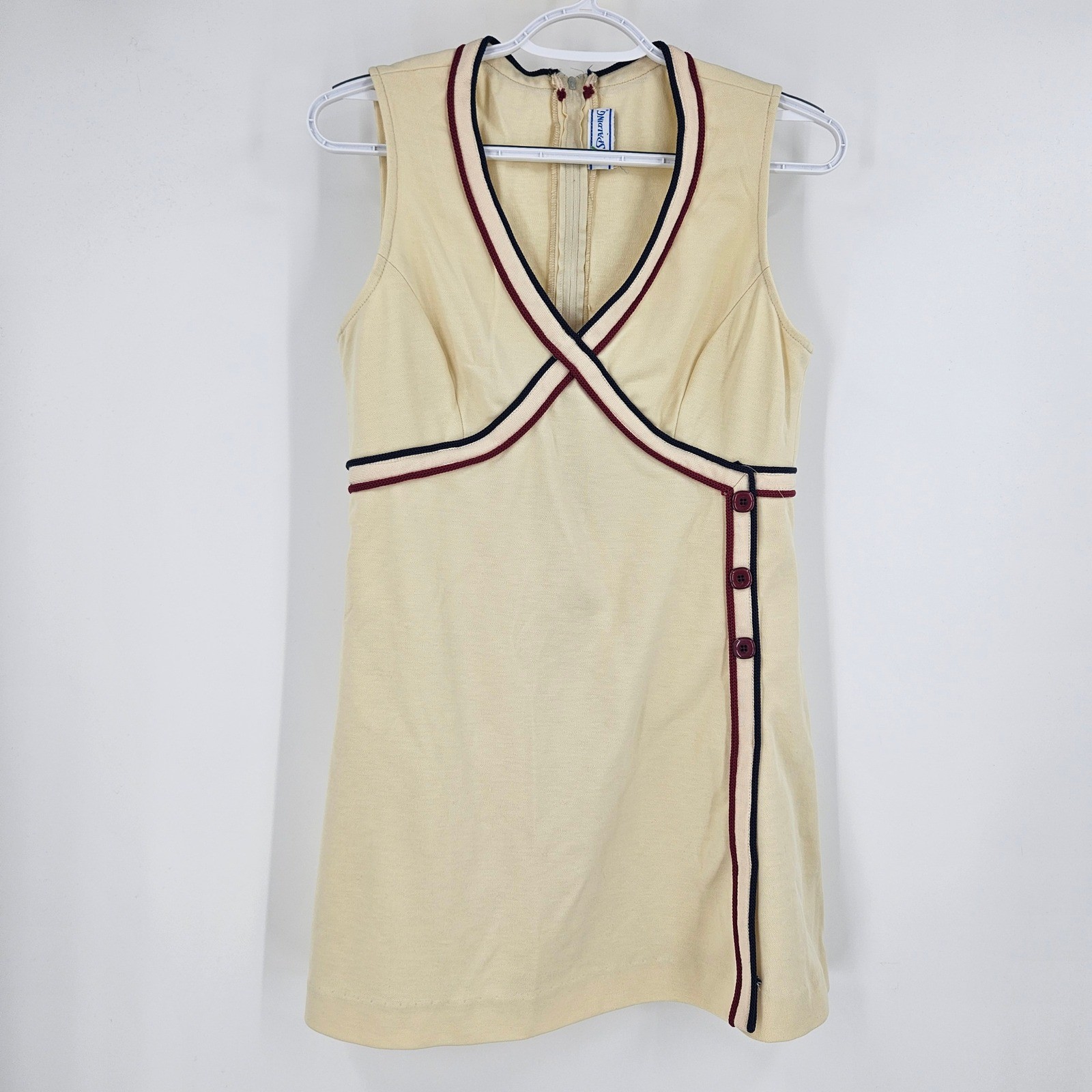 Vintage Spalding Tennis Dress Cream Yellow Striped Trim V-Neck Mini 70s Preppy S