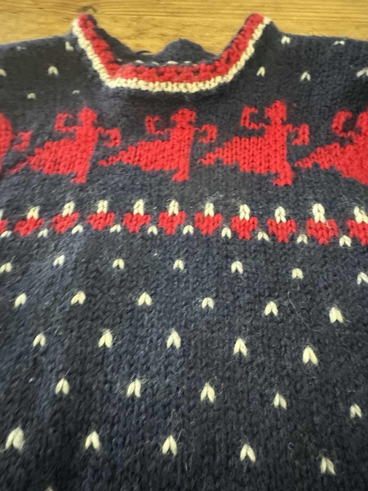 Vintage Norwegian Hand Knit 100% Wool Navy Red Pullover Sweater Sz S