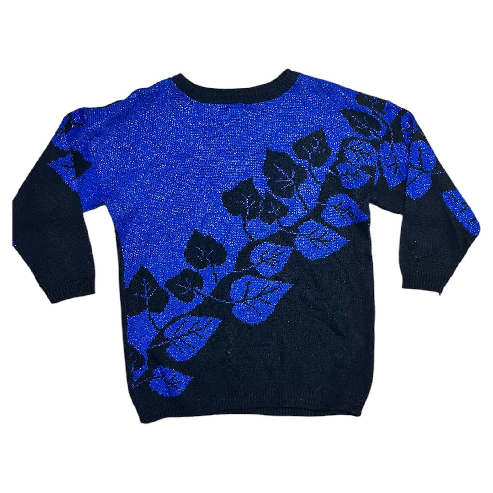 Vintage 80’s Jumper 12-14-16 M/L Blue/Black Sparkly Lurex Leaf Pattern