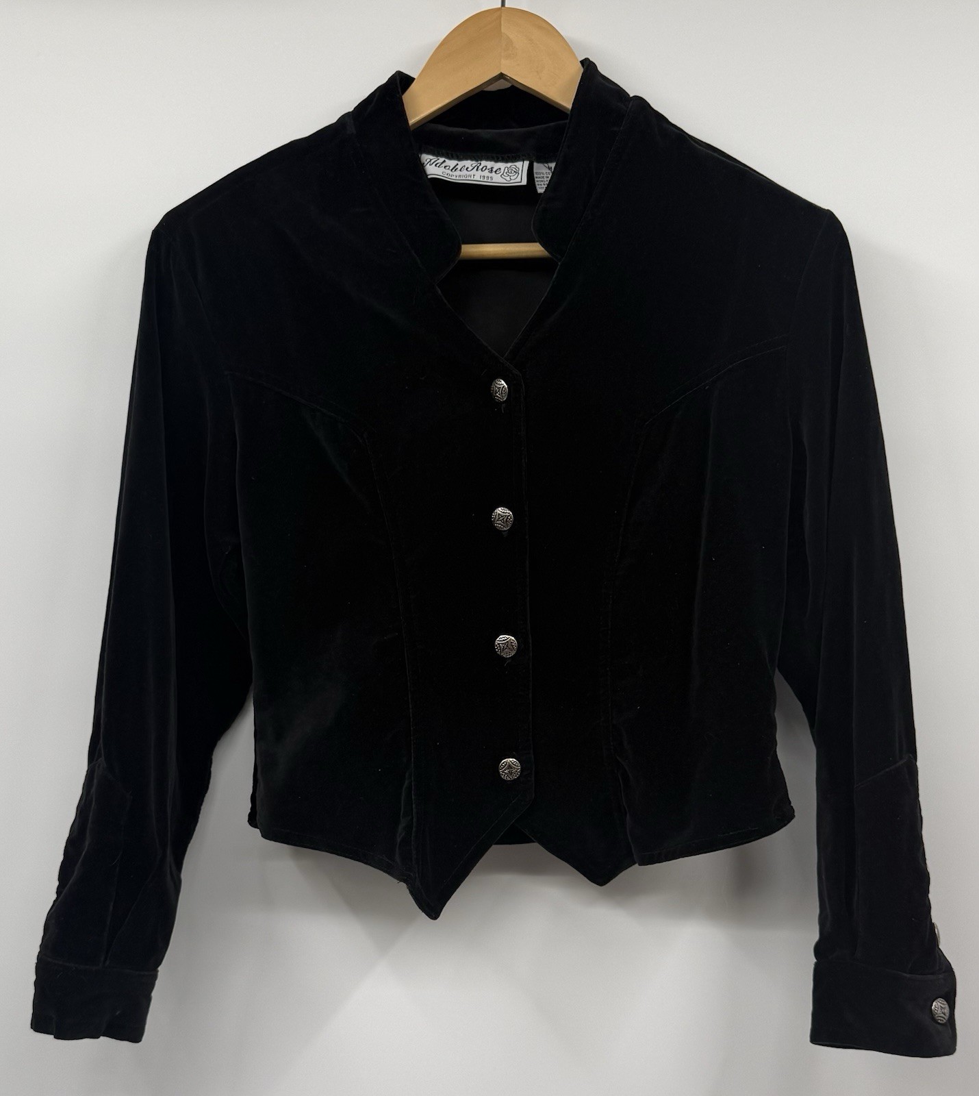 VTG Adobe Rose 1990’s Black Velvet Military Gothic Jacket Vamp M Cropped Fitted