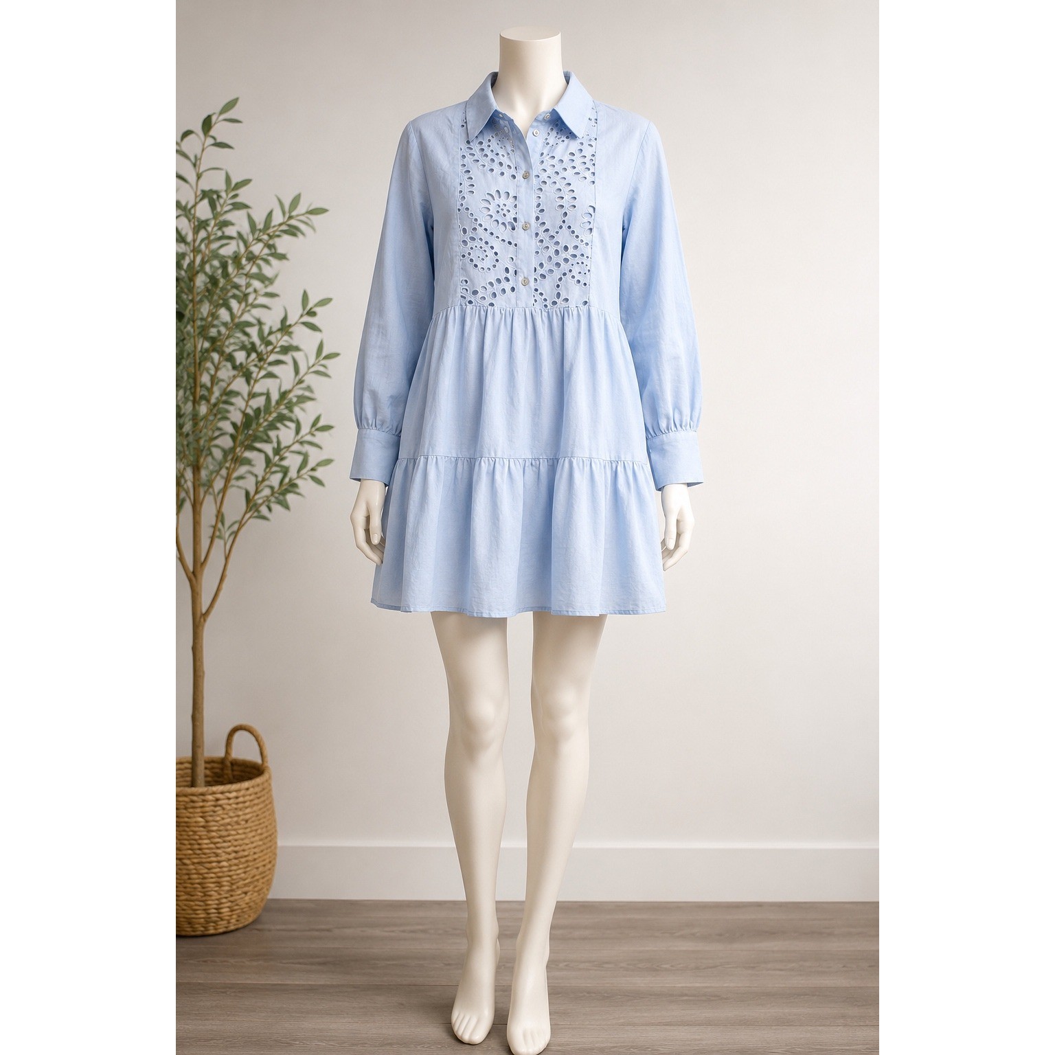 Zara Womens S Blue Eyelet Embroidered Tiered Shirt Dress Long Sleeve Cutwork