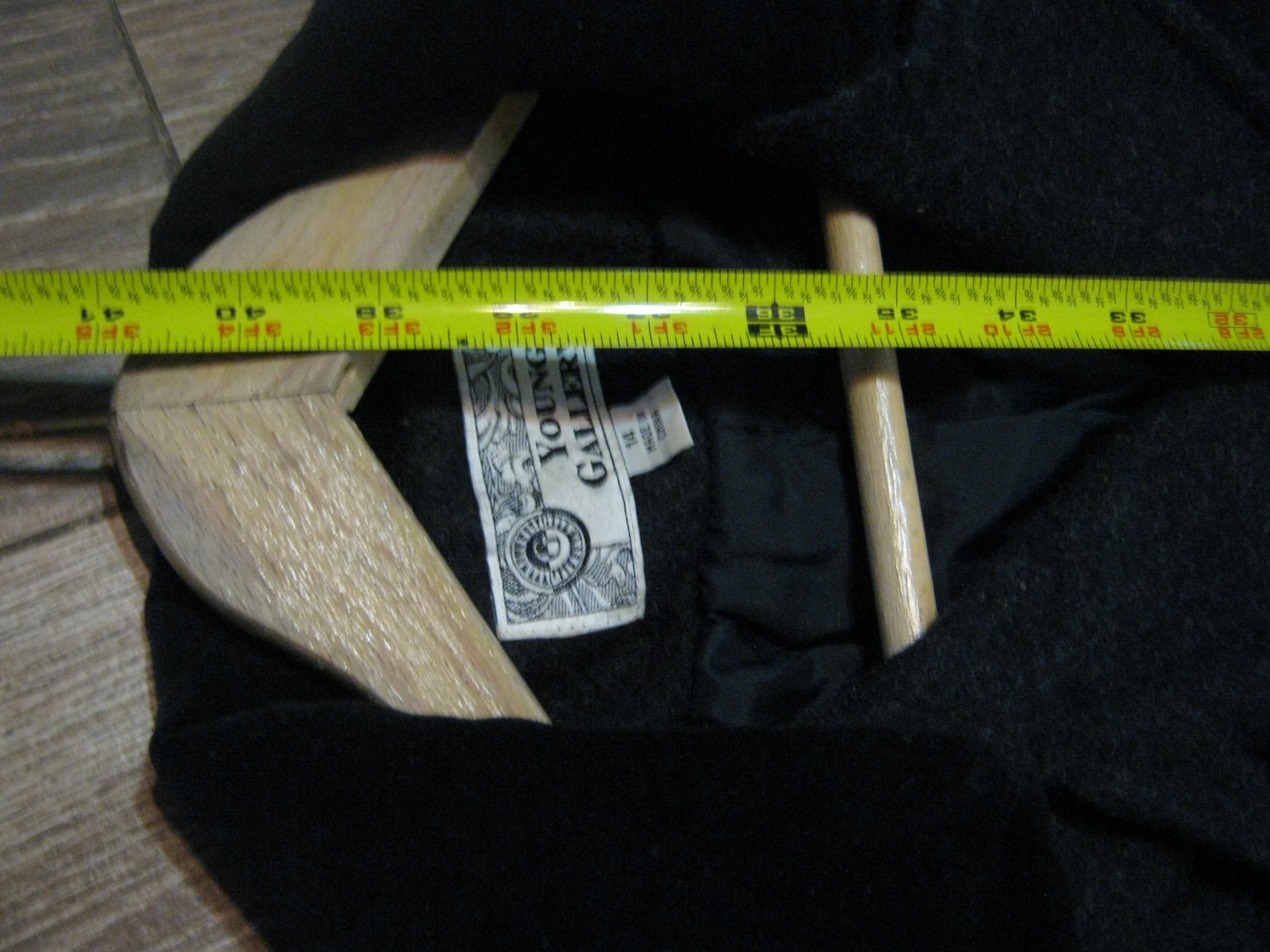 Vintage Size 14 Young Gallery Black Long Coat Wool Rayon Polyester Nylon