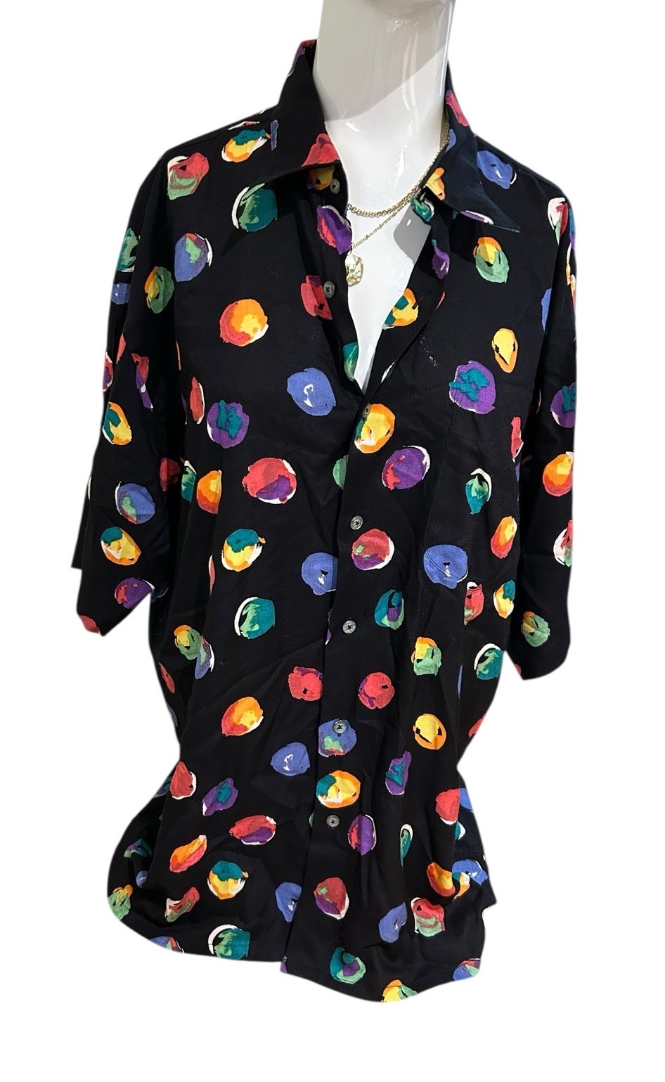 Vtg 90s Signore Colorful Geometric Abstract Pattern Rayon Shirt Black Large Club