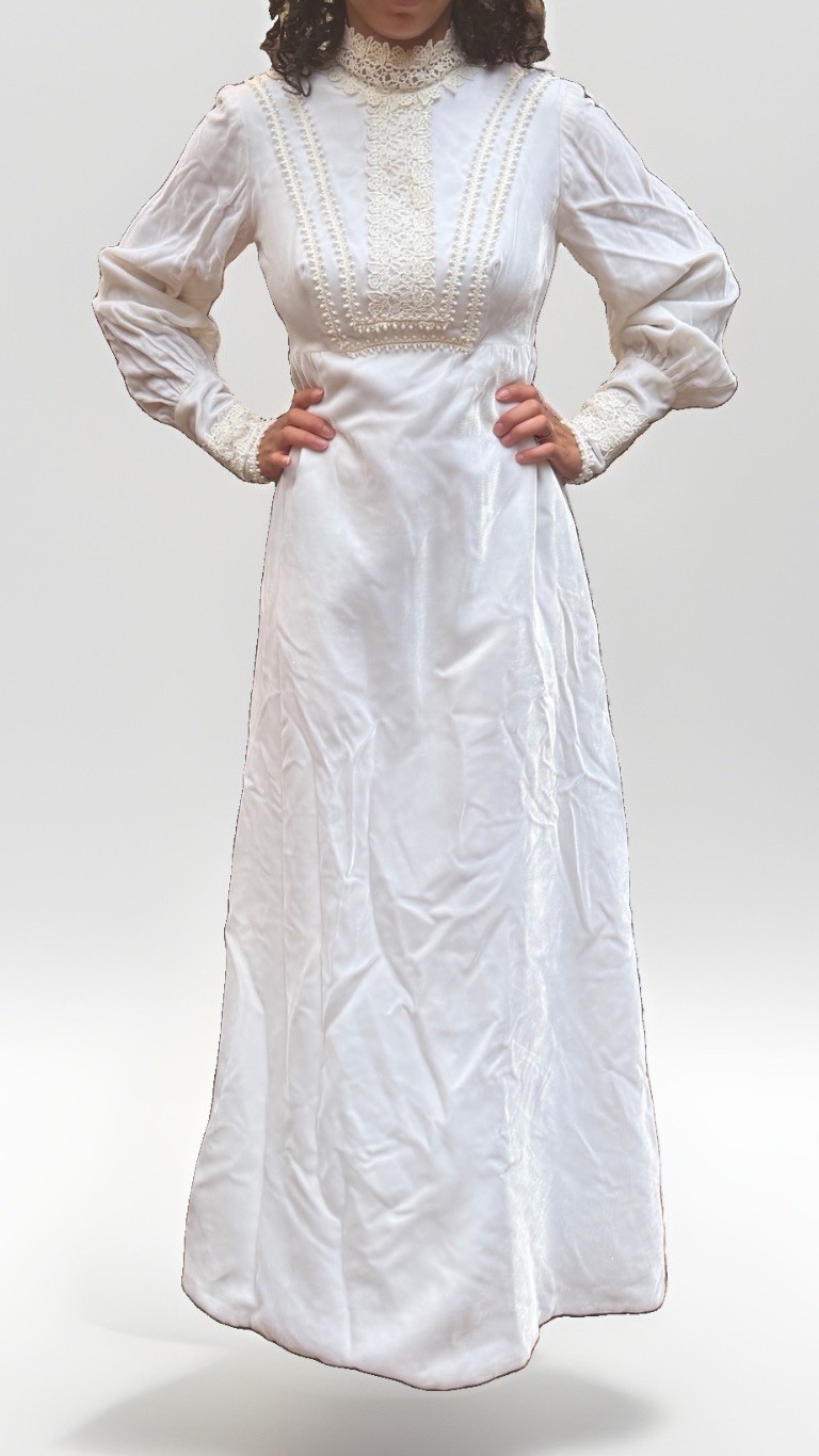 1970s Vintage Velvet Wedding Dress, Bishop Sleeve cuff And Bust Detail XS-Ivory