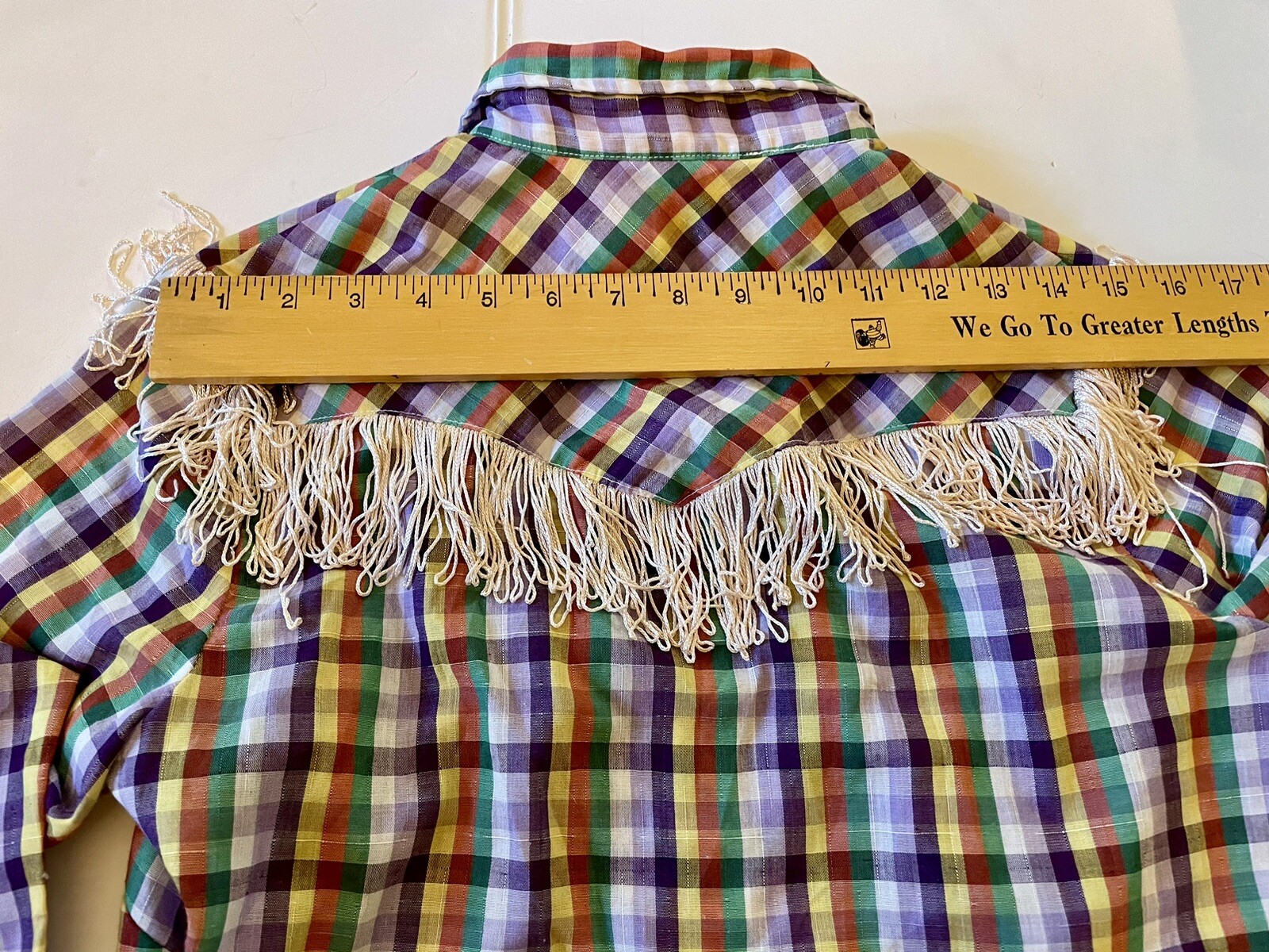 Vintage 70s H BAR C California RANCHWEAR Shirt Women 34 Plaid Fringe Pearl Snap