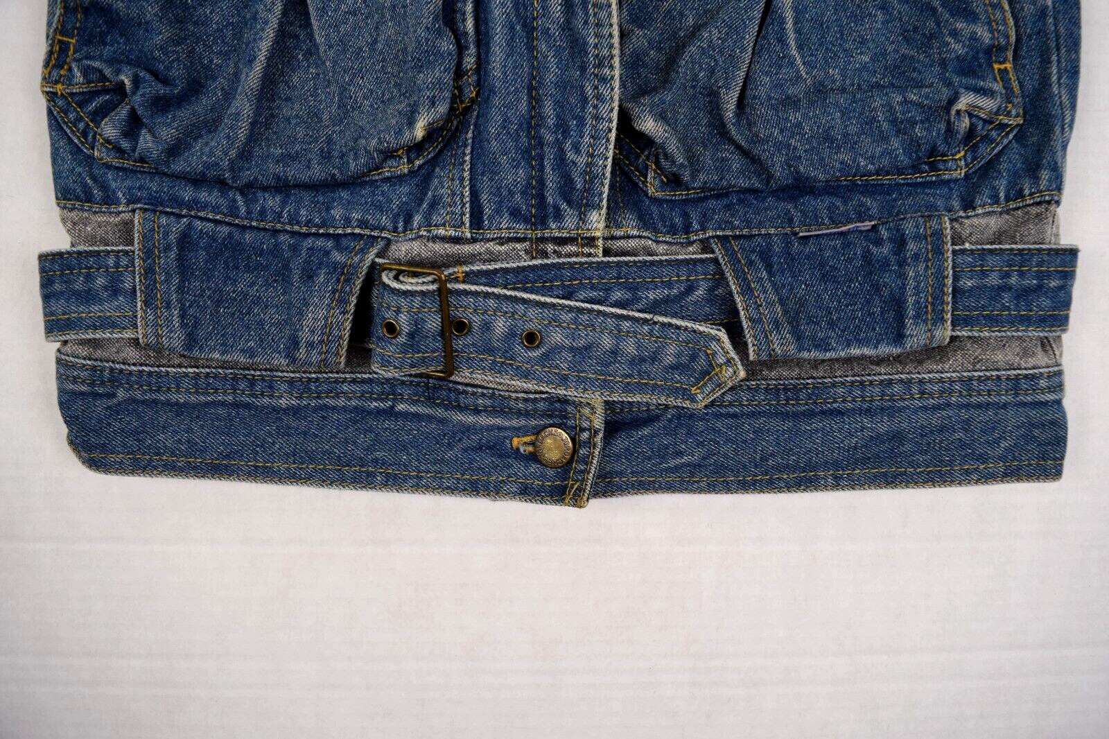 Vintage Jordache Denim Vest Size S/M 80s Belted 2 Tone Blue Wash Gray Denim Yoke