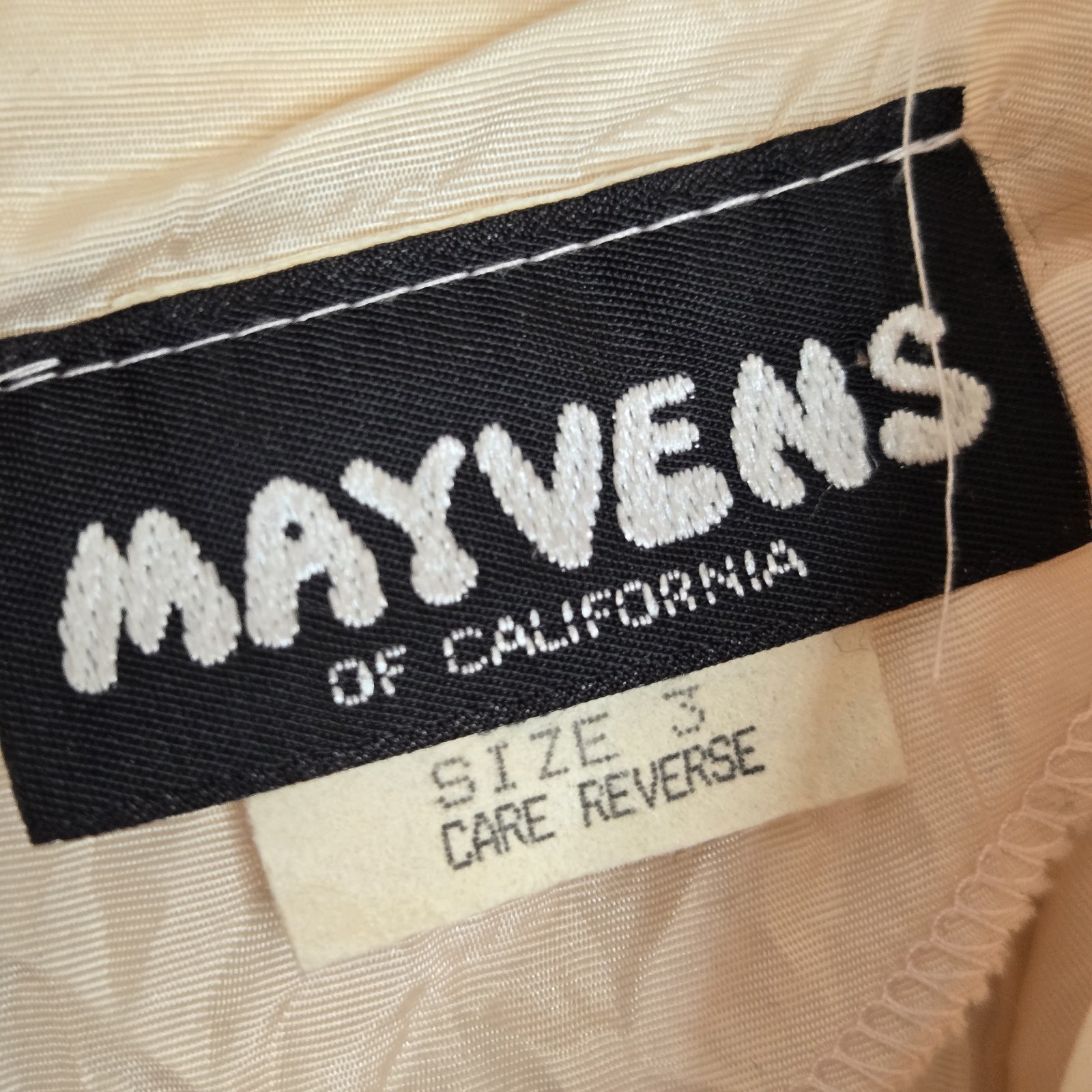 Vtg 80s Mayvens of California Iridescent Peach Pink Lace Puff Sleeve Prom Dress