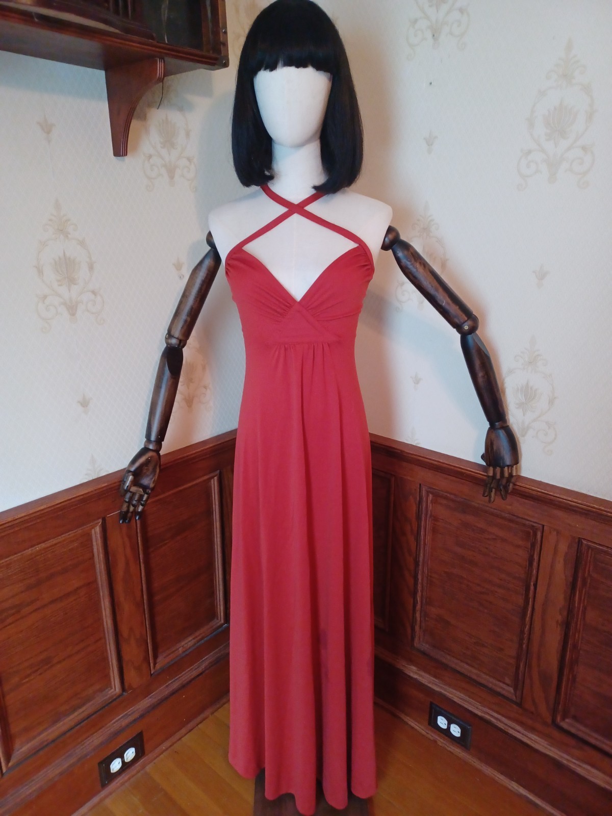 Vintage 1970s Orange-Red Strappy Disco Maxi-dress