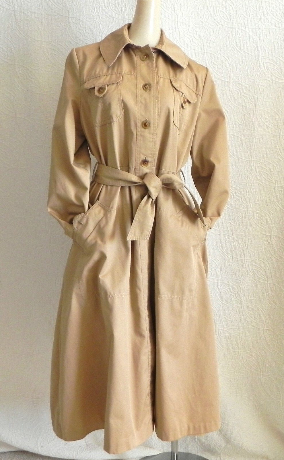 Vtg Made in Japan Trench Coat Khaki Midi Belted Pockets Cotton Blend Size S