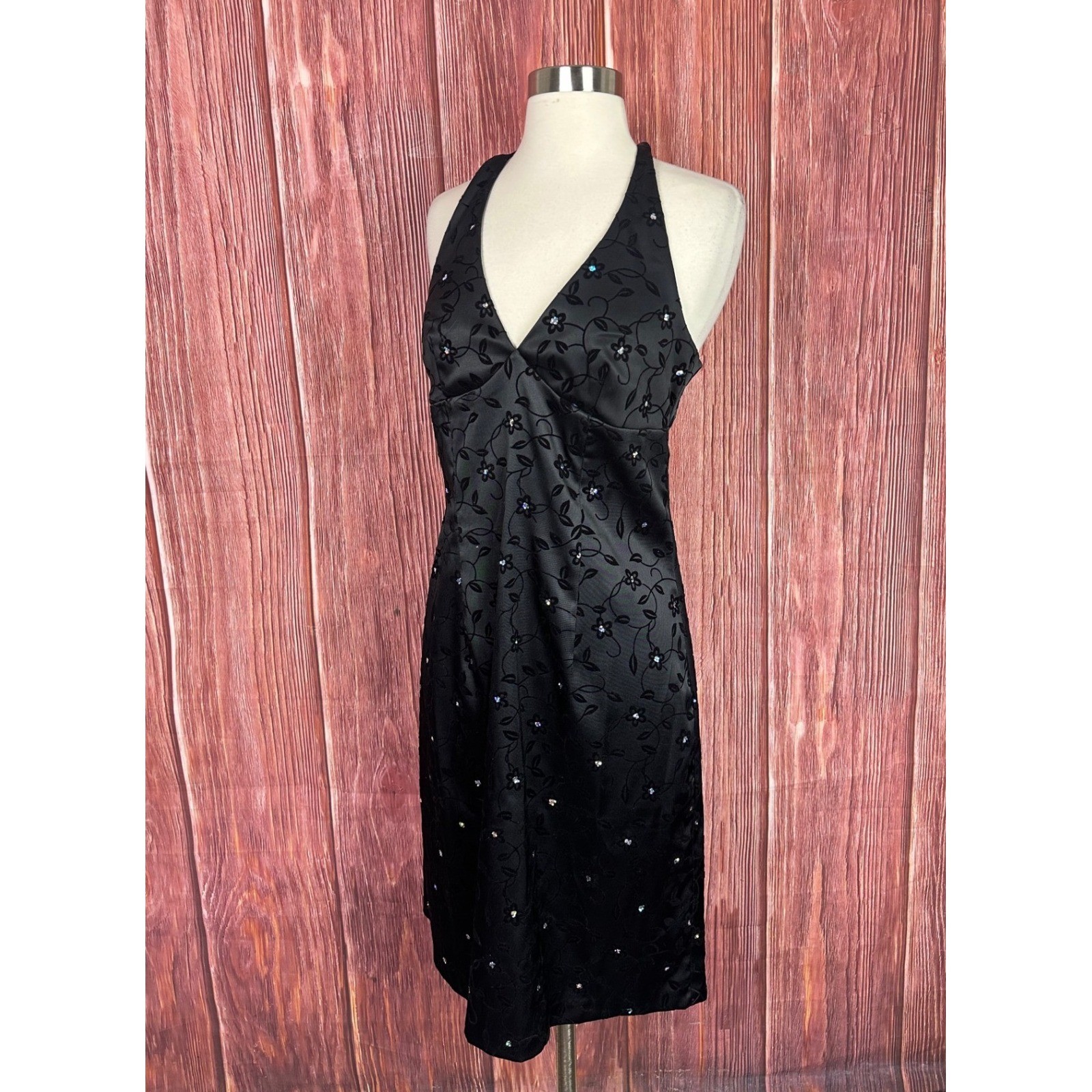 City Triangles Vintage Y2K Black Flocked Floral Rhinestone Halter Dress Sz 9/10