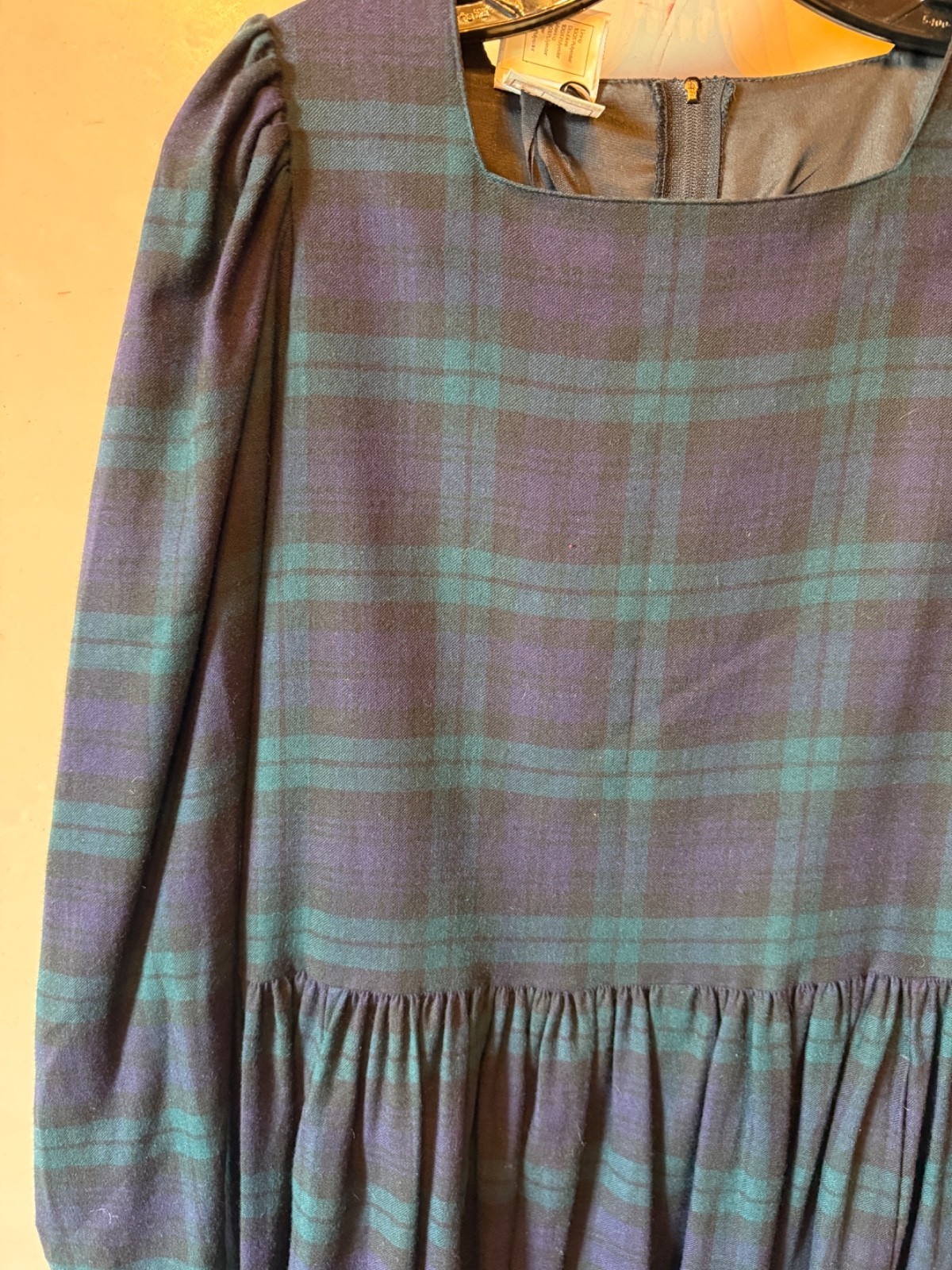 VINTAGE LAURA ASHLEY BLACK WATCH WOOL BLEND DRESS SZ UK 14 US 12 MIDI LENGTH