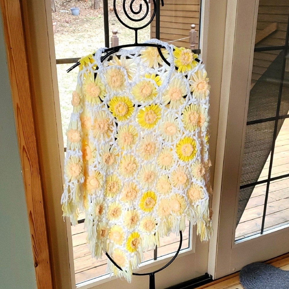 Handmade Handcrafted Upcycled Floral Crochet Poncho in Yellow and White Sz. OS