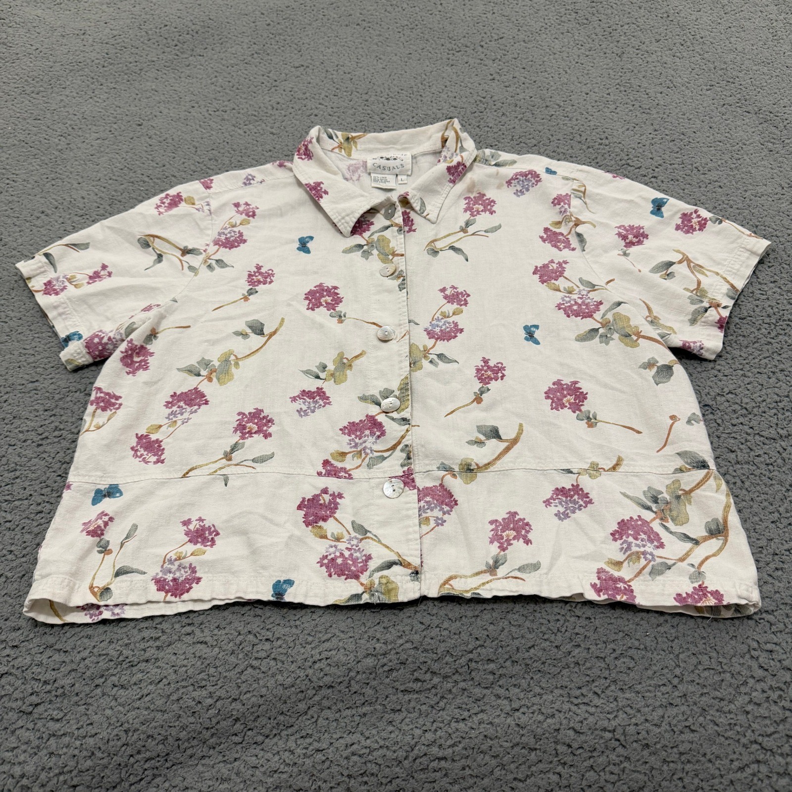Country Wear Casuals Linen Blend Floral Butterfly Button Up Top Womens Large 90s