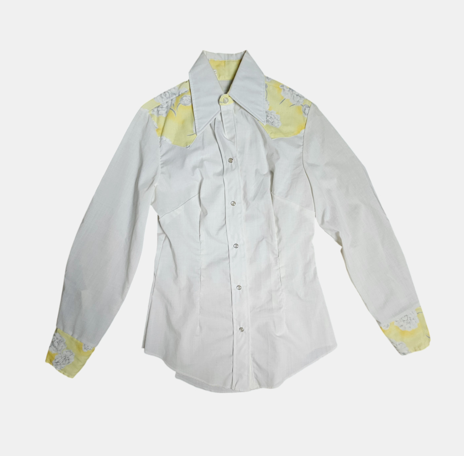 Vintage Tem Tex Long Sleeve Western Shirt Pearl Snap Womens 30 Floral Yoke White