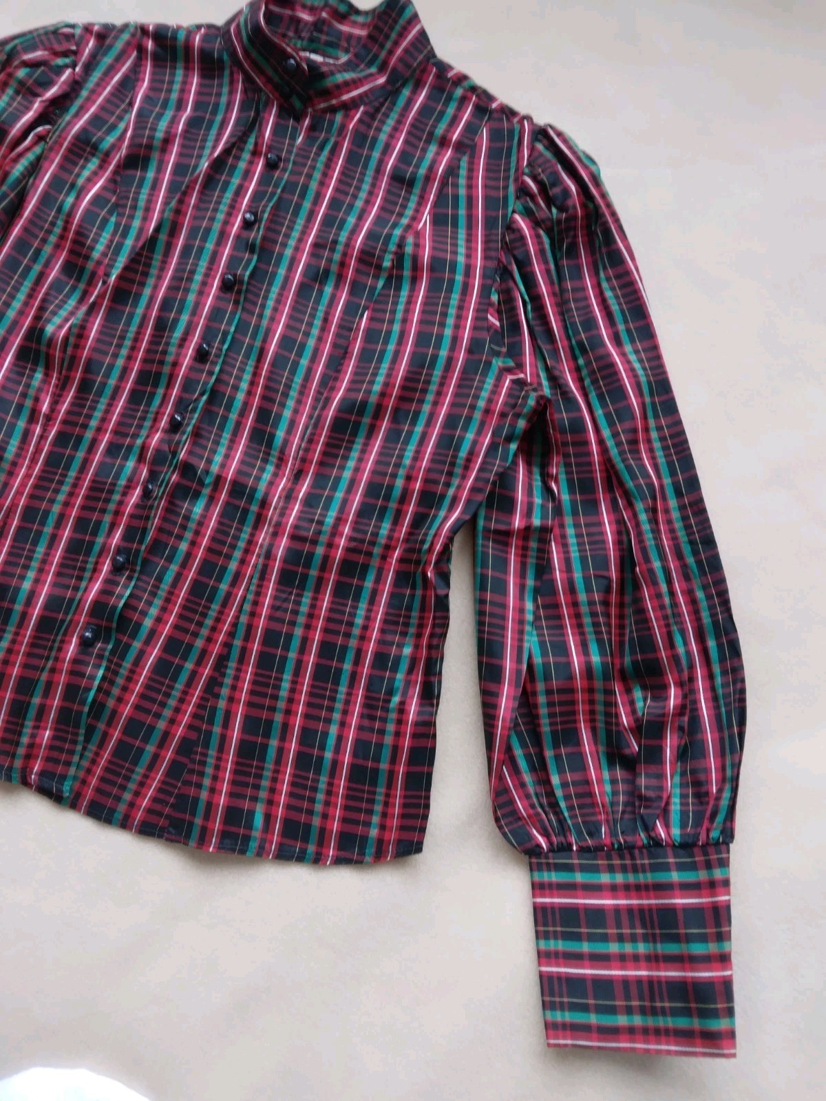 Vintage 1980s Plaid Blouse w/ Balloon Sleeves Black Red & Green Sz 12 Button Up