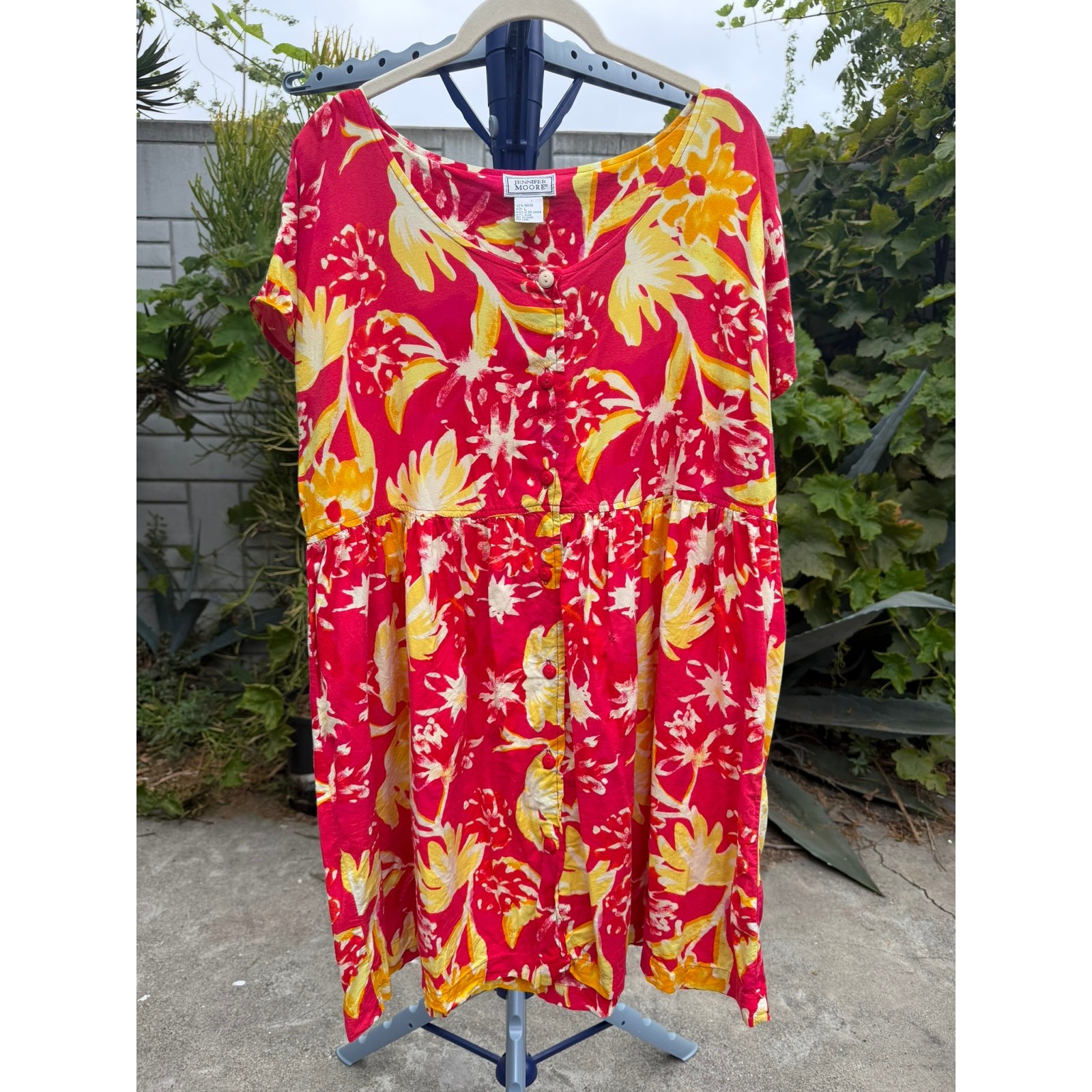 Vintage 90s Babydoll Mini Dress Large Red Yellow Botanical Jennifer Moore