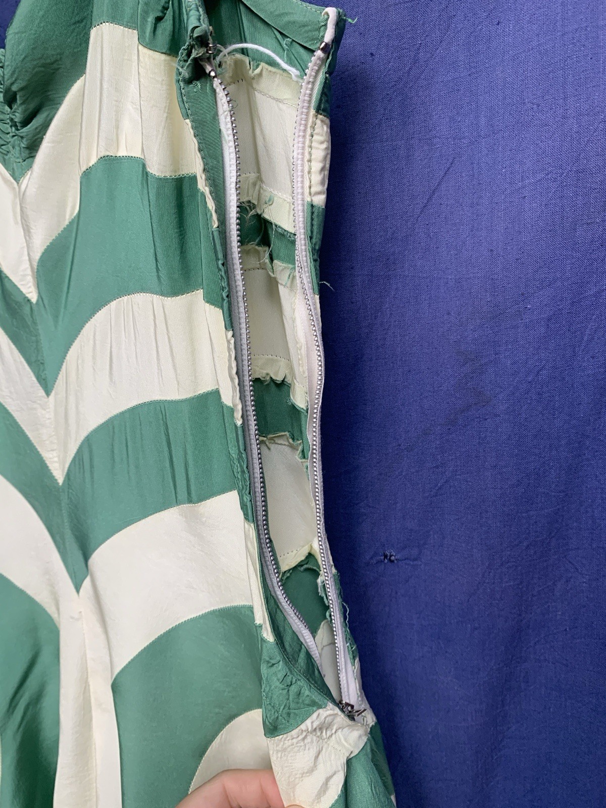 1940s Radial Stripe Rayon Taffeta Maxi Gown