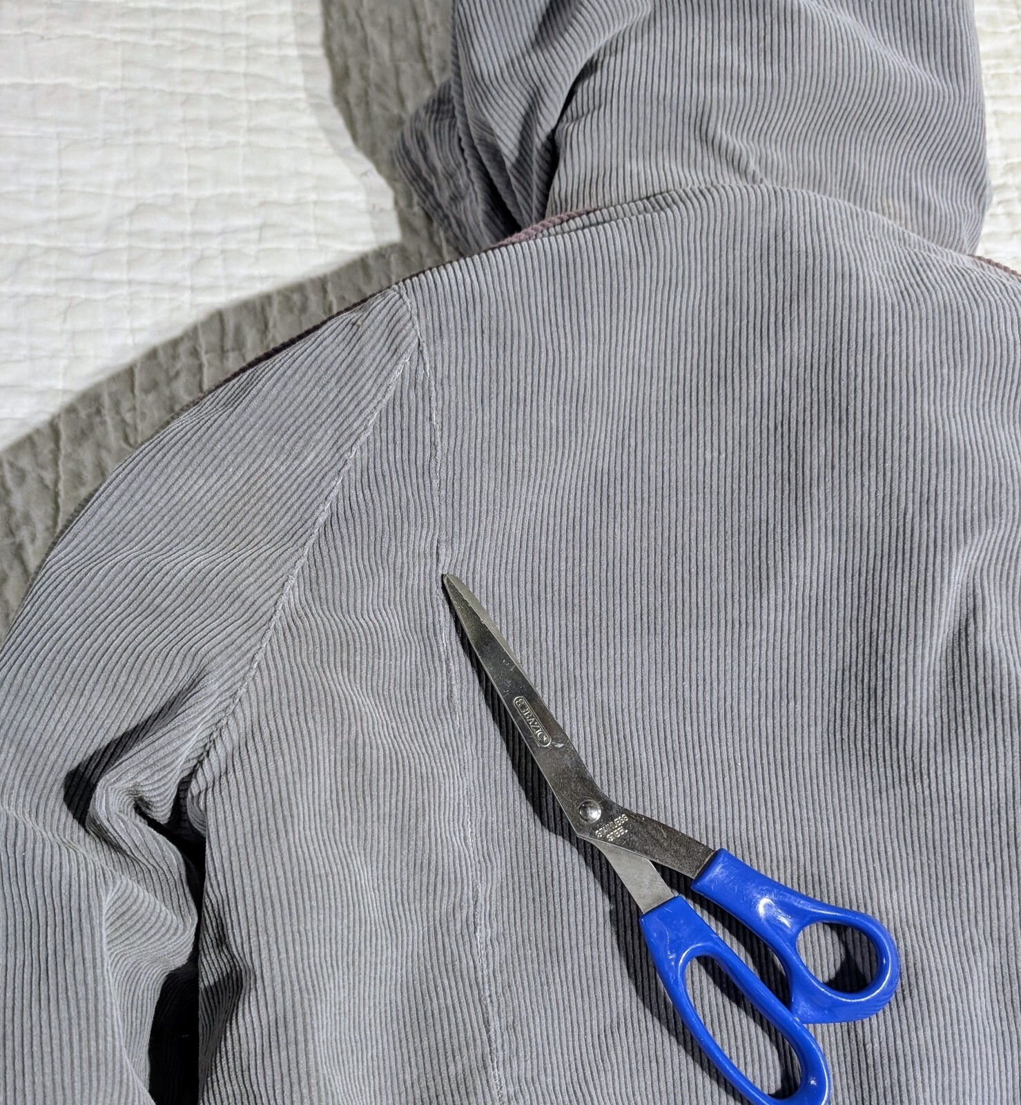 Vintage Mod Maid Coat 60s 70s Women’s SMALL Gray Corduroy Purple Trim Hooded
