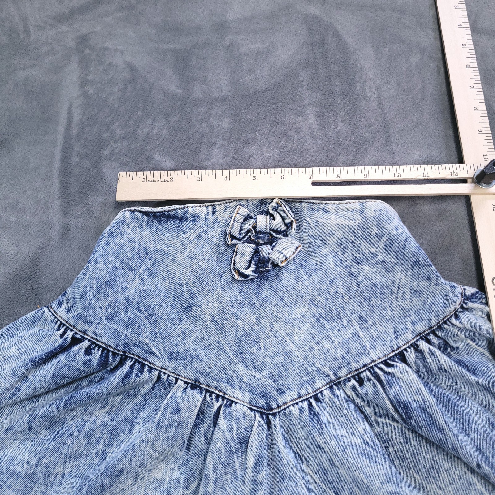 Vtg 80’s Jet Set Acid Washed Denim Flare Mini Skirt Size 14 Bow Elastic Waist