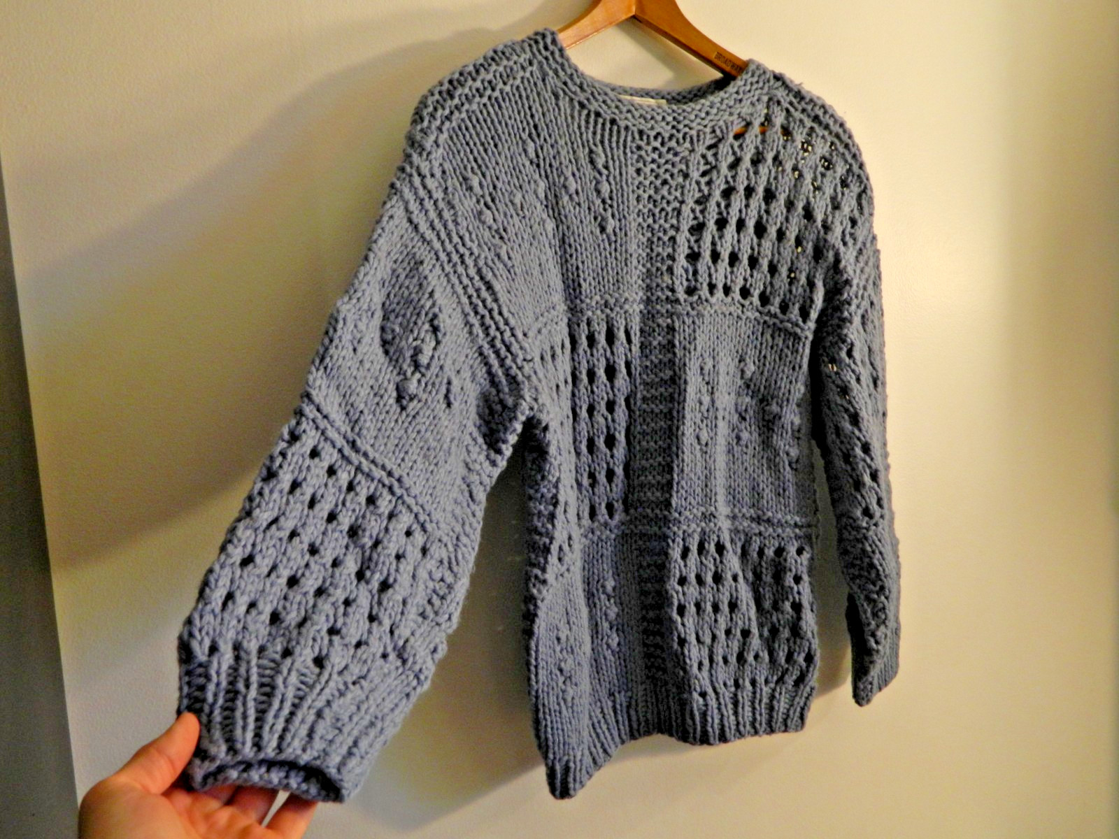 Vtg Wainwright Spencer Hand-Knit Patchwork Sweater Blue Eyelet Bobble Popcorn L