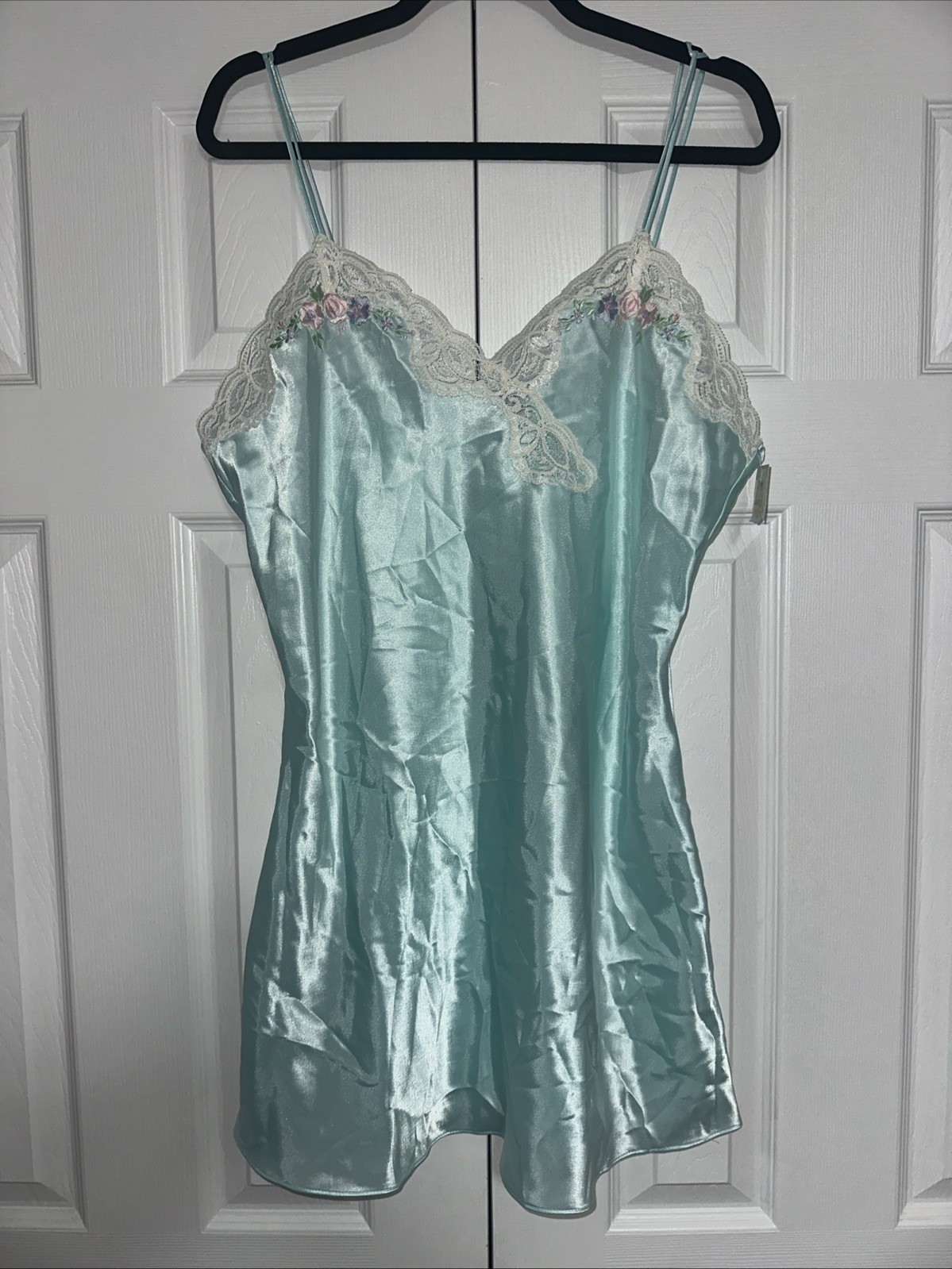 VTG NEW Val Mode Camisole Baby Blue Liquid SATIN Lace Nightgown Lingerie Size L