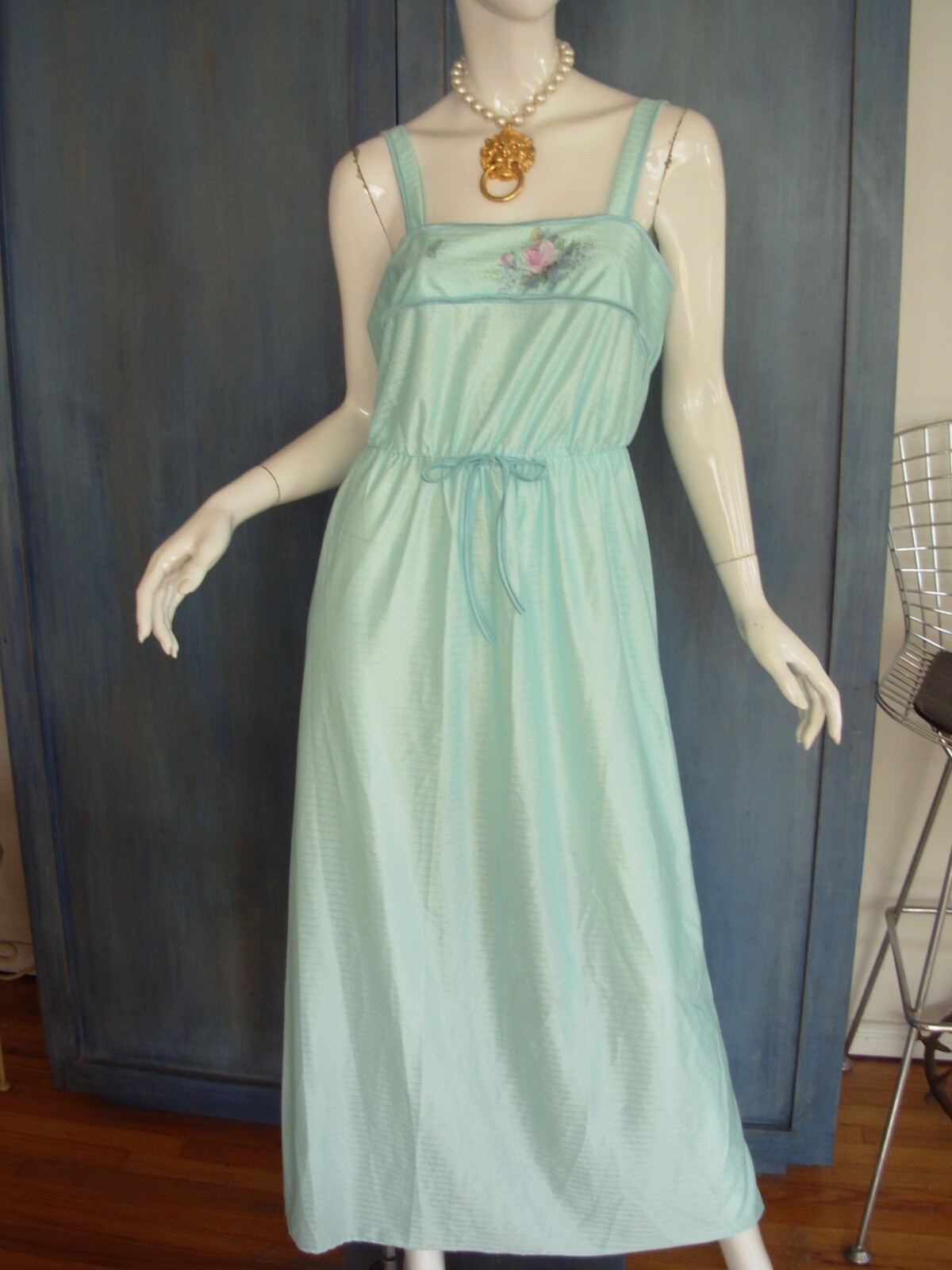 Nightie Nightgown L Vtg 70s 80s KEYNOTE UK Blue FLORAL BUTTERFLY HONEYMOON MAXI